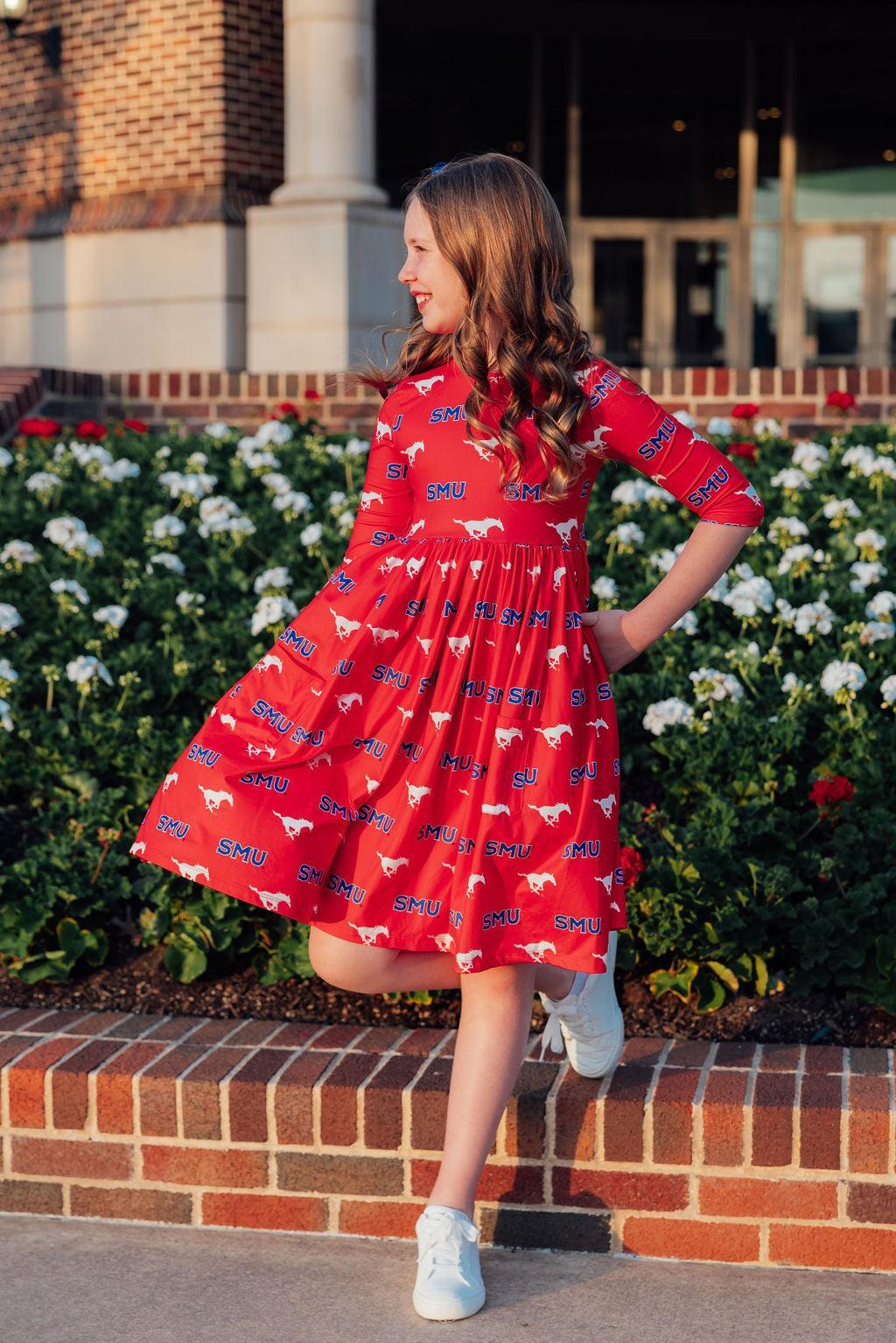 SMU Red Mustang 3/4 Sleeve Pocket Twirl Dress by Mila & Rose ®
