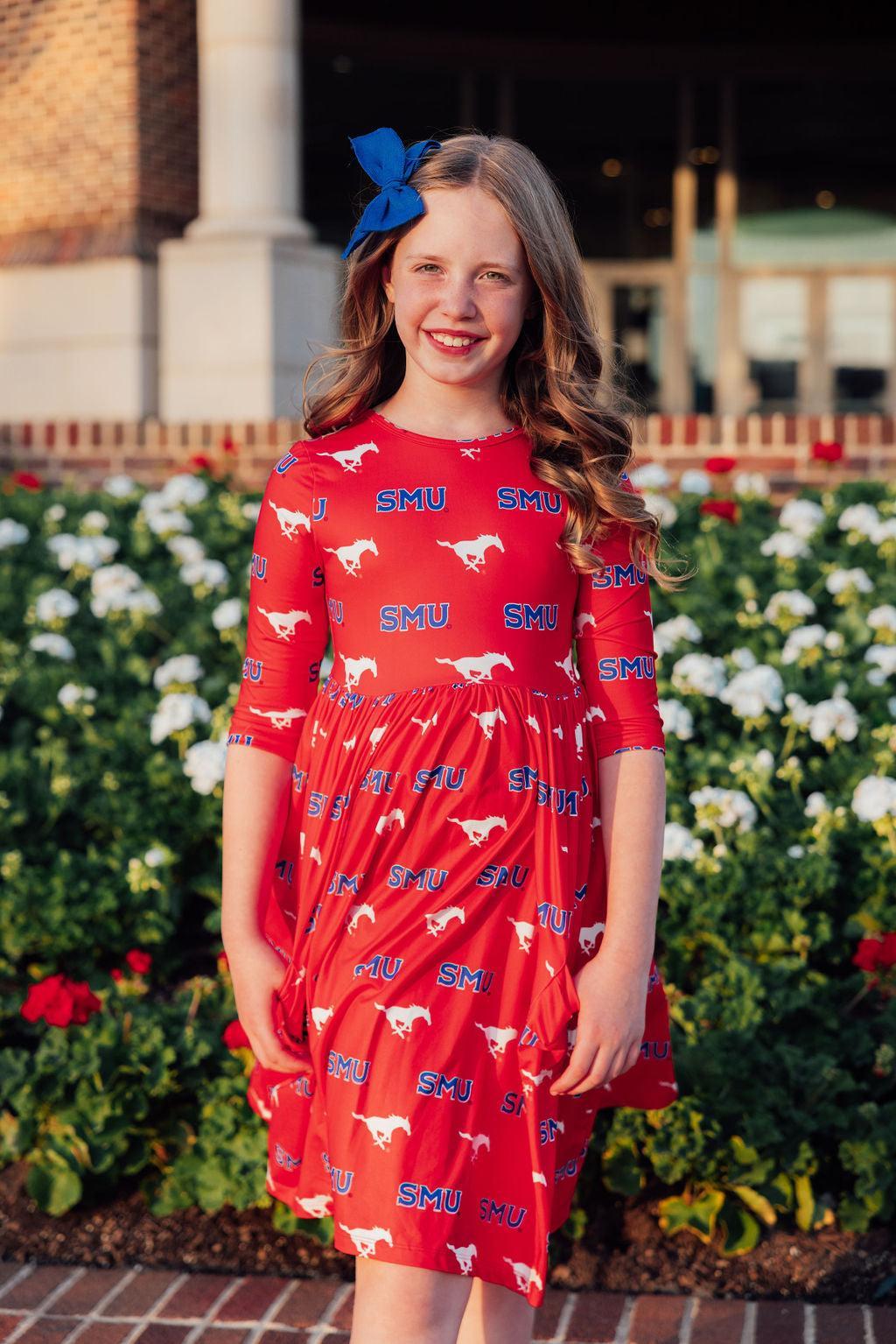 SMU Red Mustang 3/4 Sleeve Pocket Twirl Dress by Mila & Rose ®