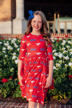 SMU Red Mustang 3/4 Sleeve Pocket Twirl Dress by Mila & Rose ®