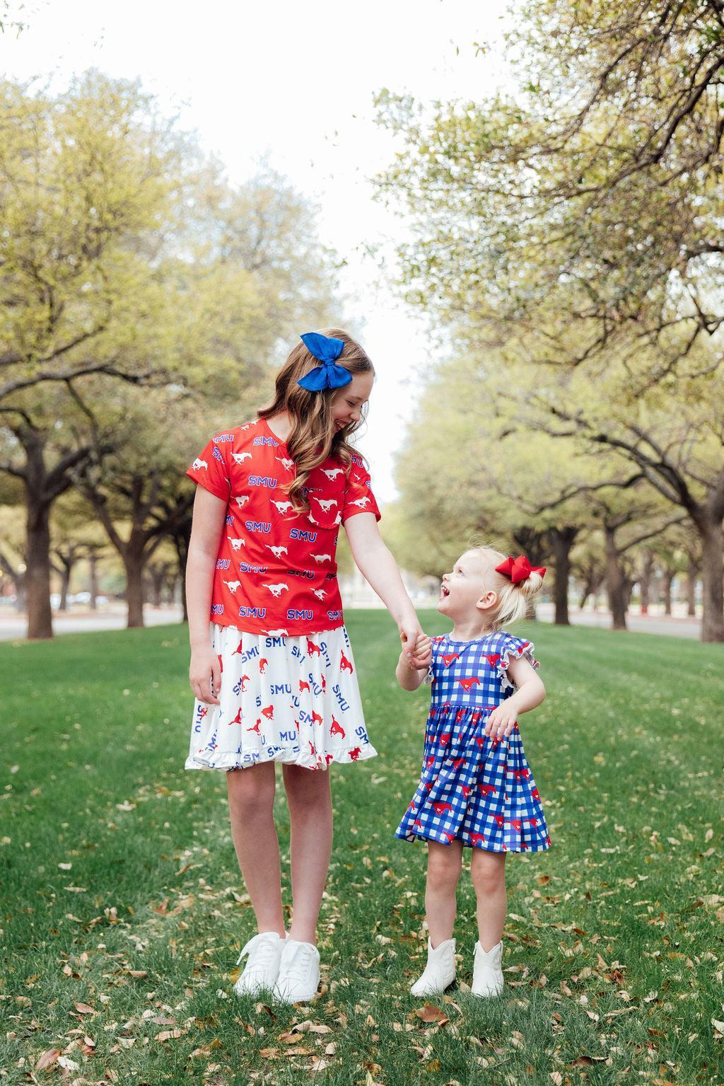 SMU Red Mustang Ruffle Pocket Tee by Mila & Rose ®