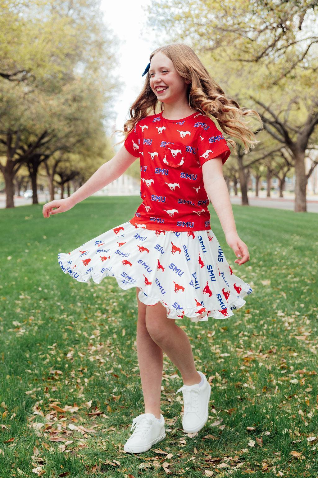 SMU Red Mustang Ruffle Pocket Tee by Mila & Rose ®