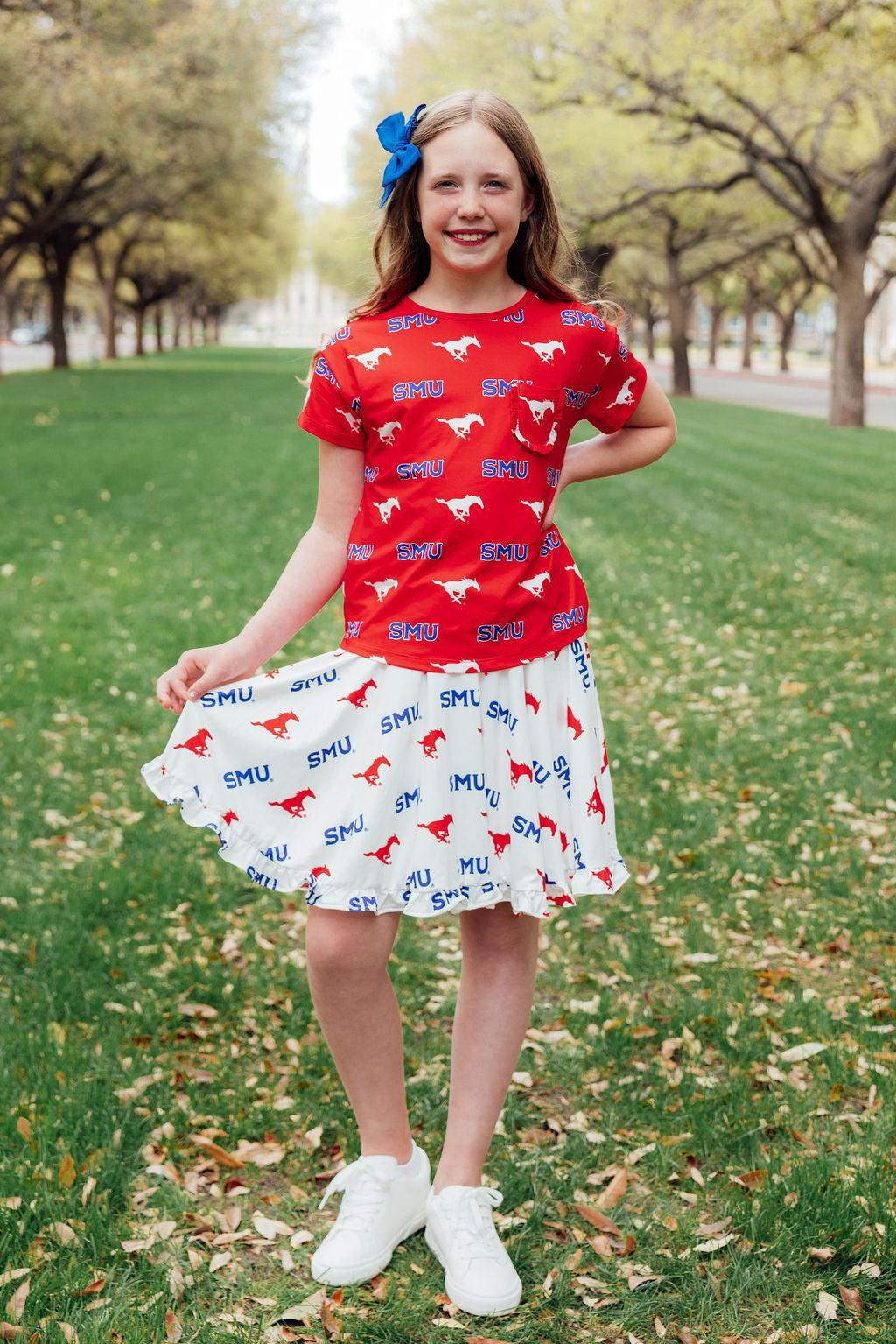 SMU Red Mustang Ruffle Pocket Tee by Mila & Rose ®