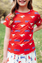 SMU Red Mustang Ruffle Pocket Tee by Mila & Rose ®
