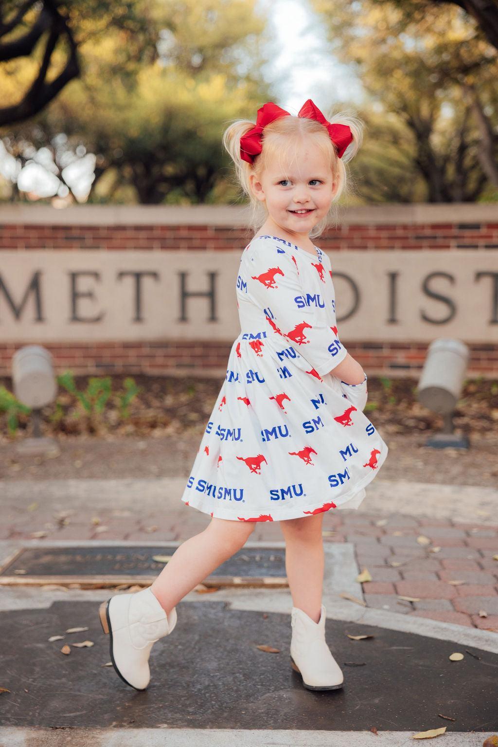 SMU White Mustang 3/4 Sleeve Pocket Twirl Dress by Mila & Rose ®