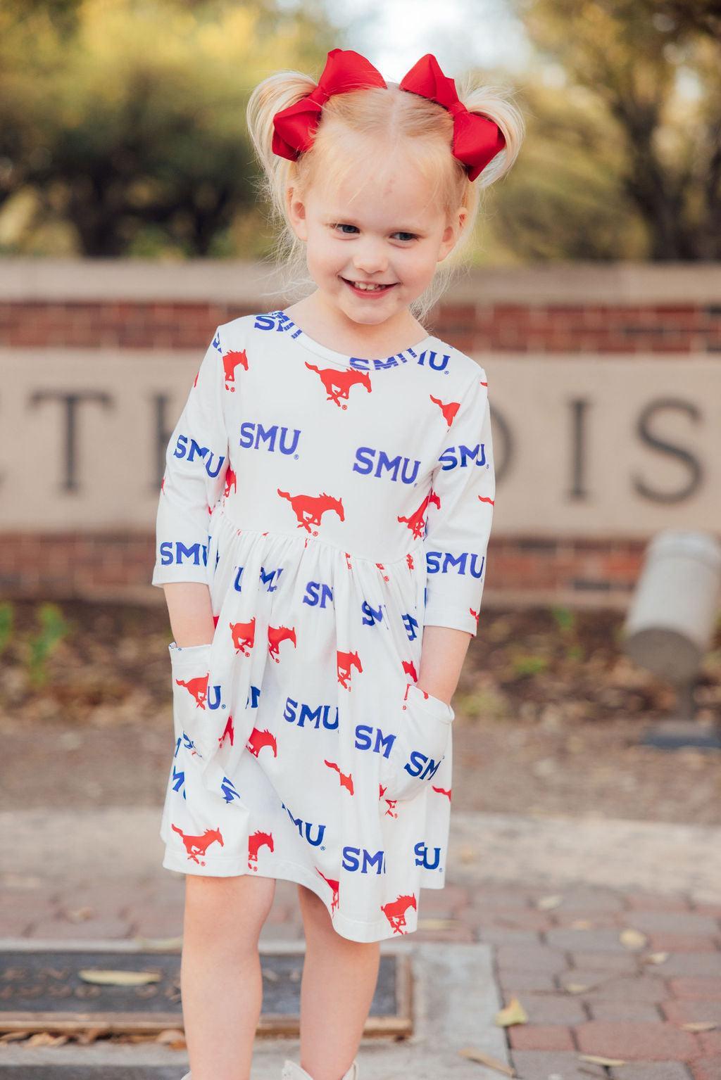 SMU White Mustang 3/4 Sleeve Pocket Twirl Dress by Mila & Rose ®