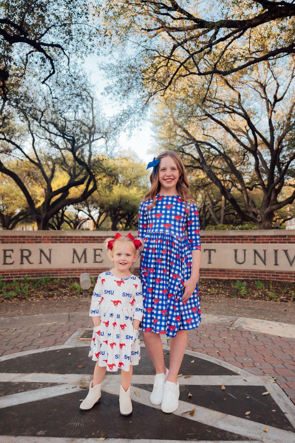 SMU White Mustang 3/4 Sleeve Pocket Twirl Dress by Mila & Rose ®