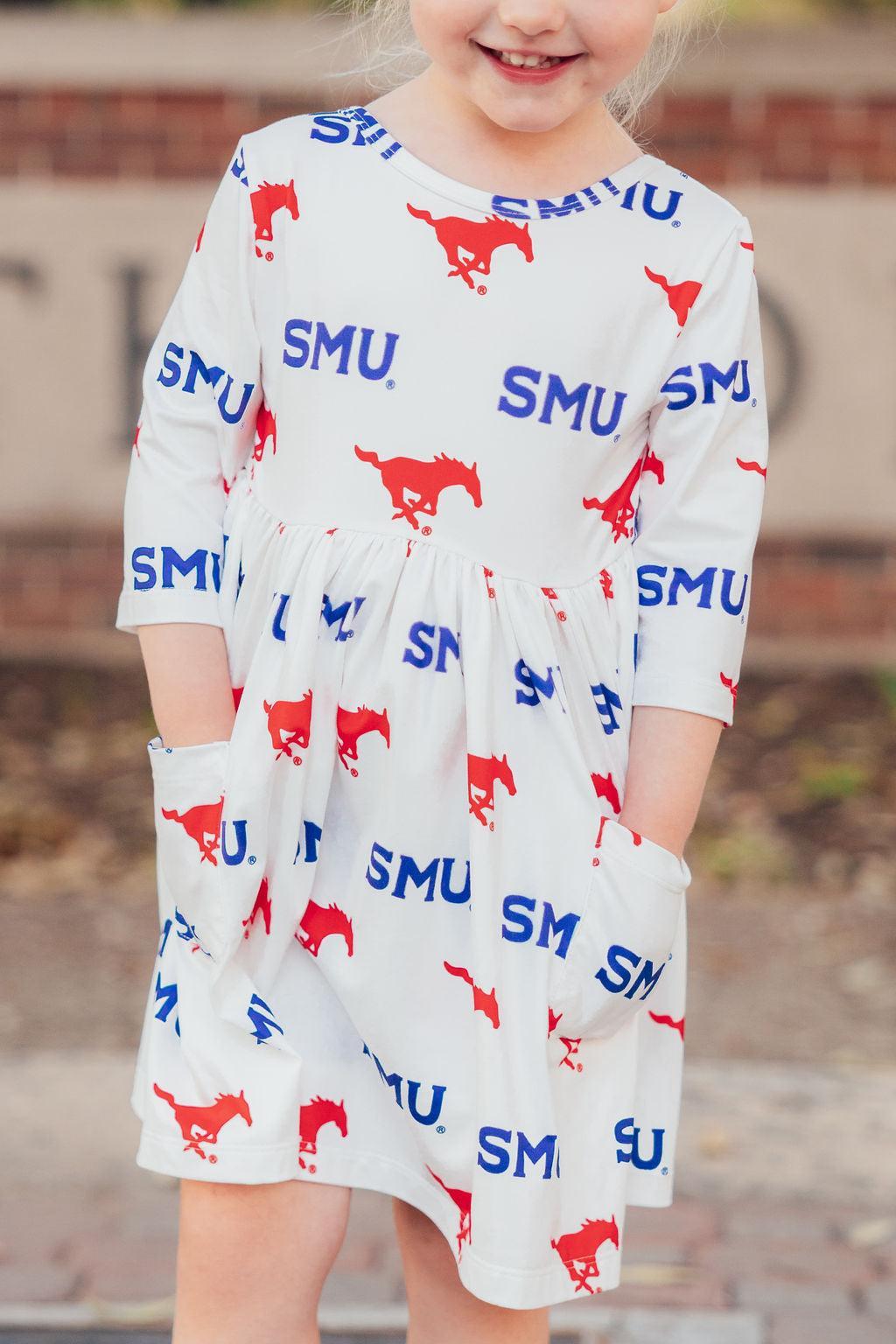 SMU White Mustang 3/4 Sleeve Pocket Twirl Dress by Mila & Rose ®