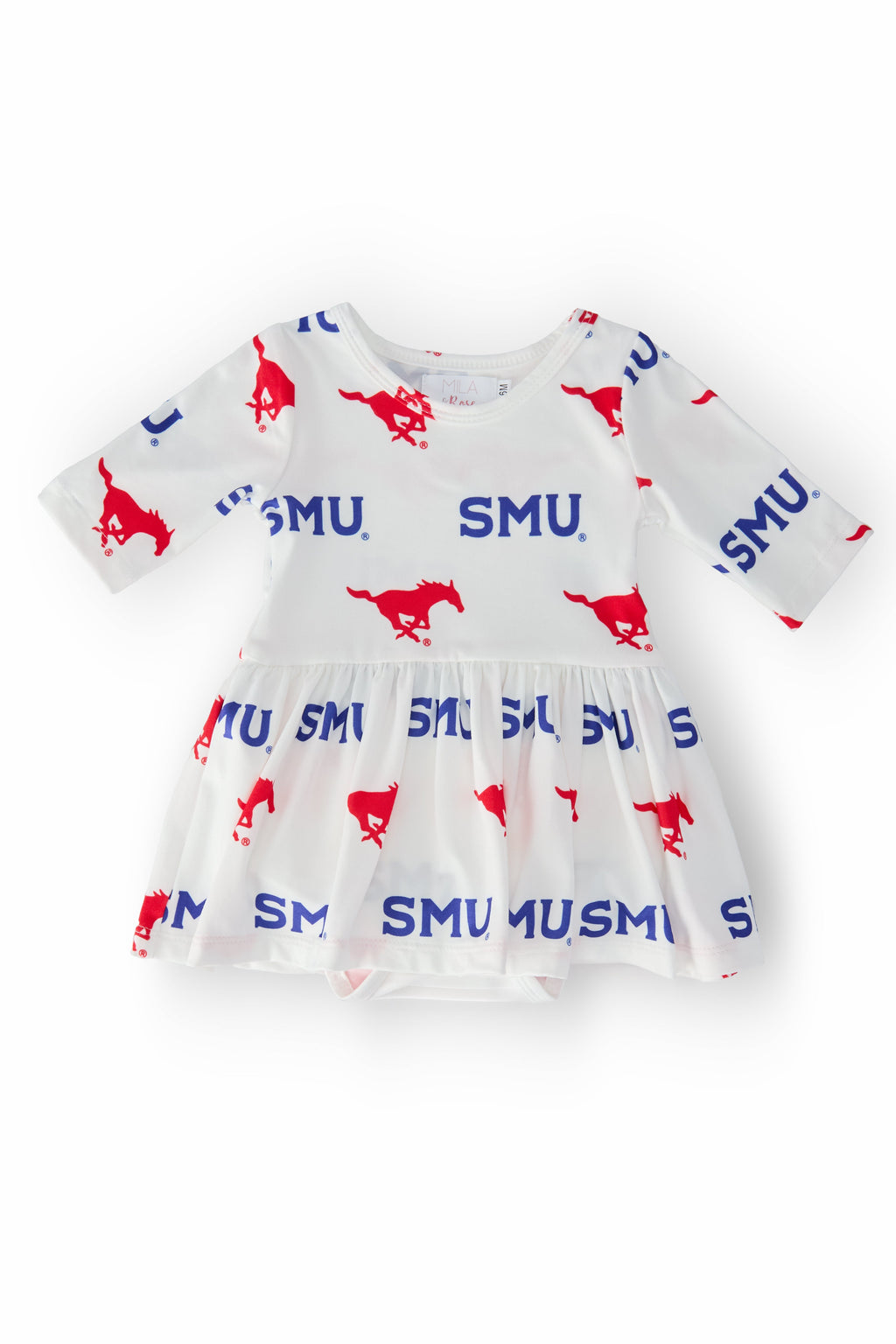 SMU White Mustang 3/4 Sleeve Twirl Bodysuit by Mila & Rose ®