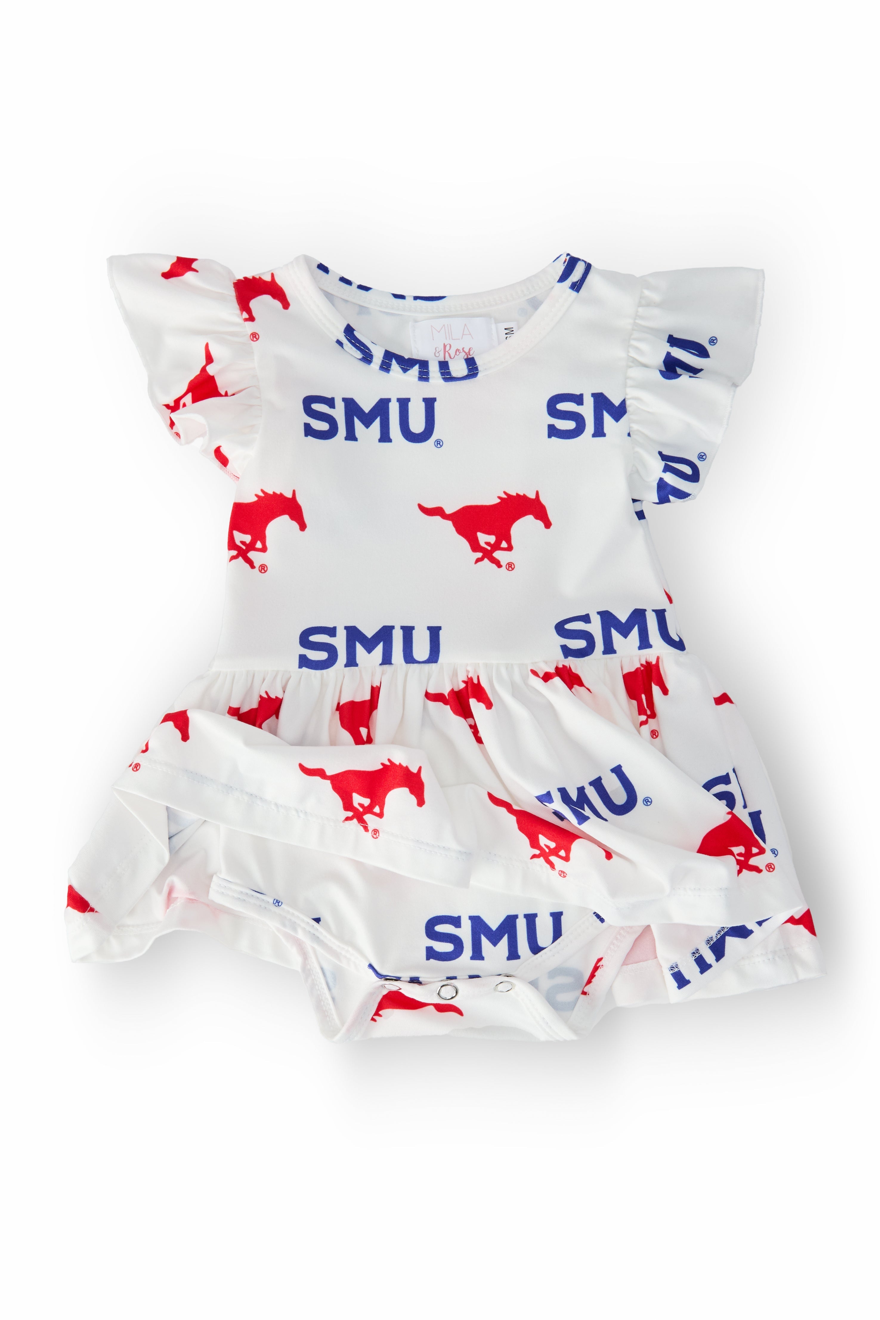 SMU White Mustang S/S Flutter Twirl Bodysuit by Mila & Rose ®