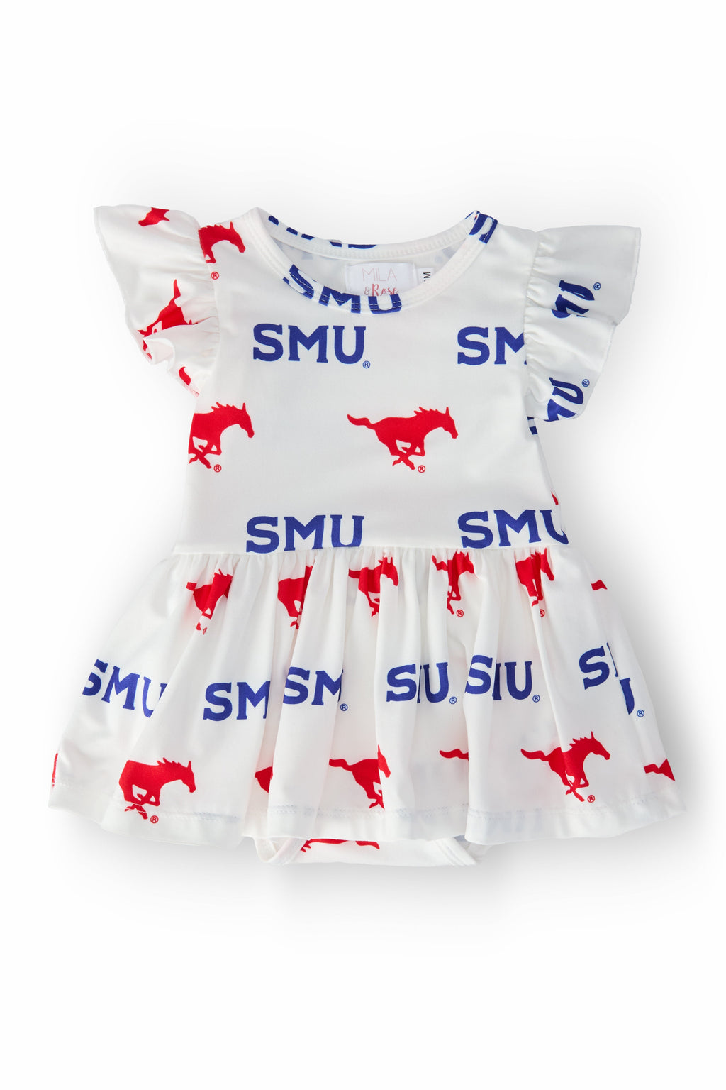 SMU White Mustang S/S Flutter Twirl Bodysuit by Mila & Rose ®