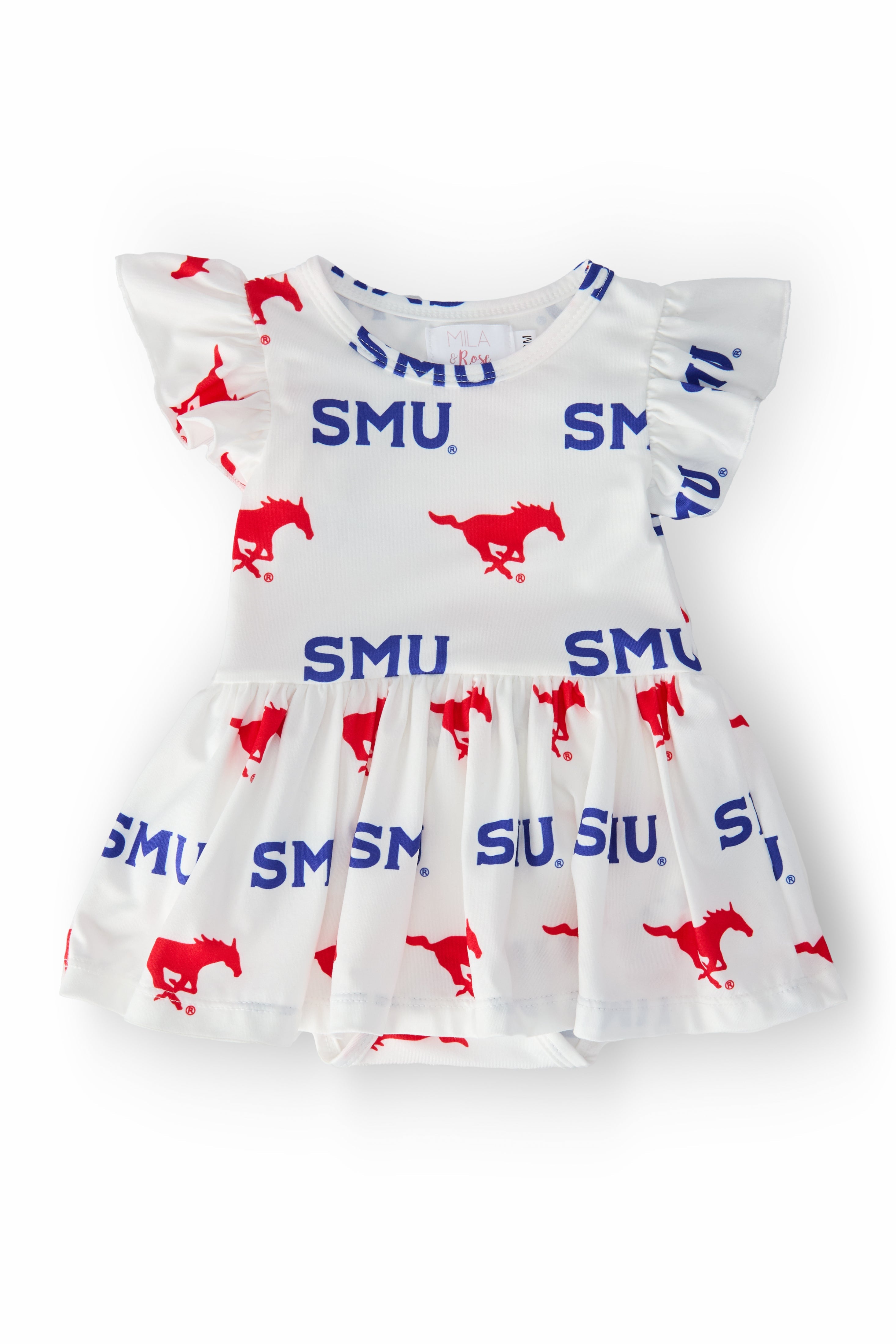 SMU White Mustang S/S Flutter Twirl Bodysuit by Mila & Rose ®