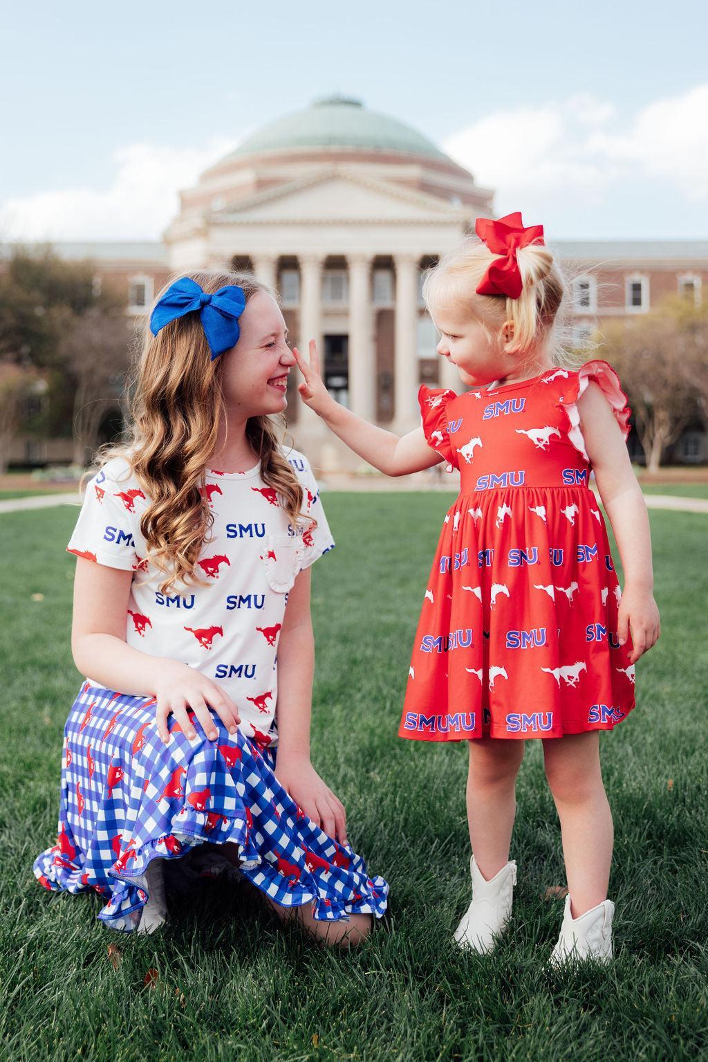 SMU White Mustang Ruffle Pocket Tee by Mila & Rose ®