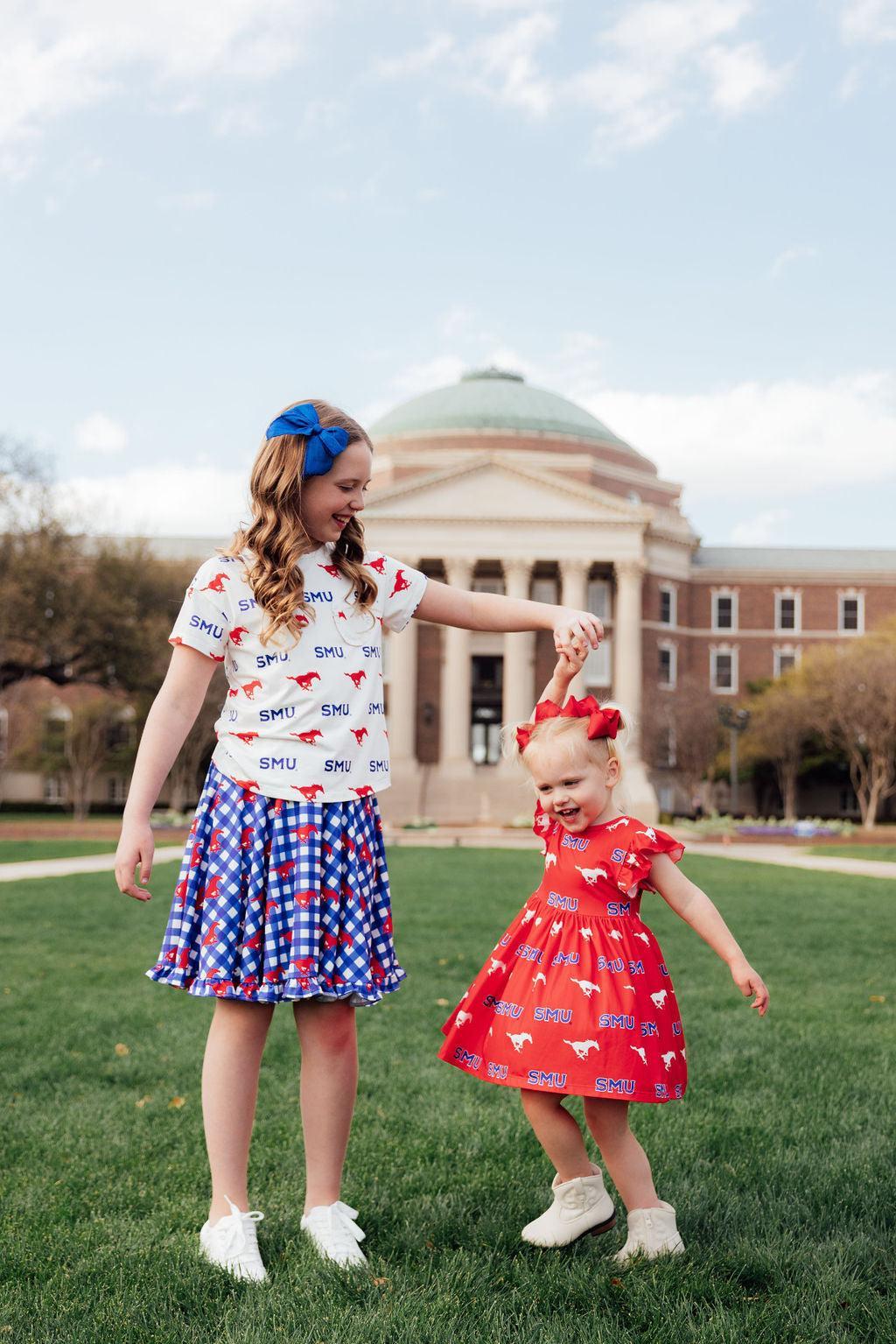 SMU White Mustang Ruffle Pocket Tee by Mila & Rose ®