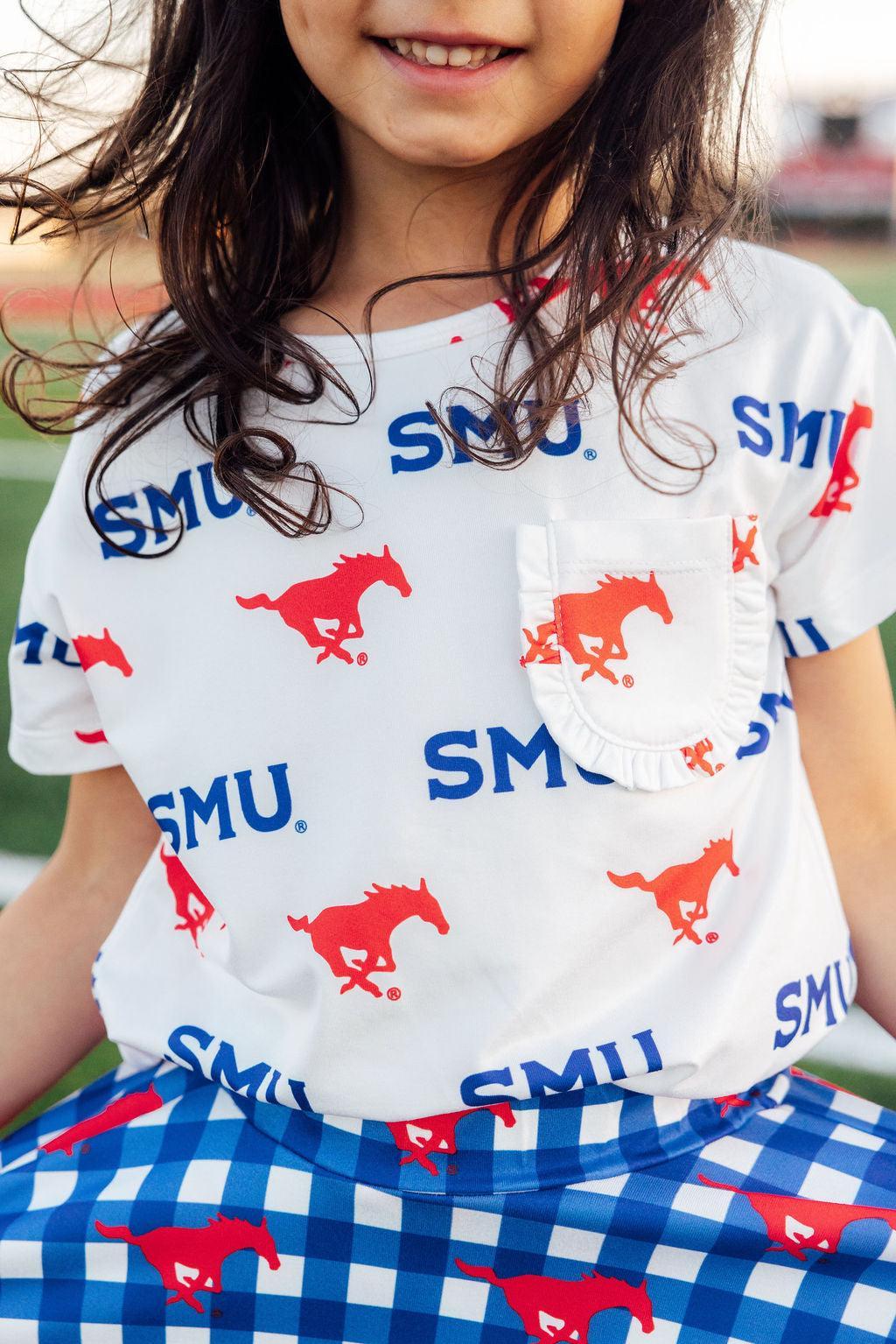 SMU White Mustang Ruffle Pocket Tee by Mila & Rose ®