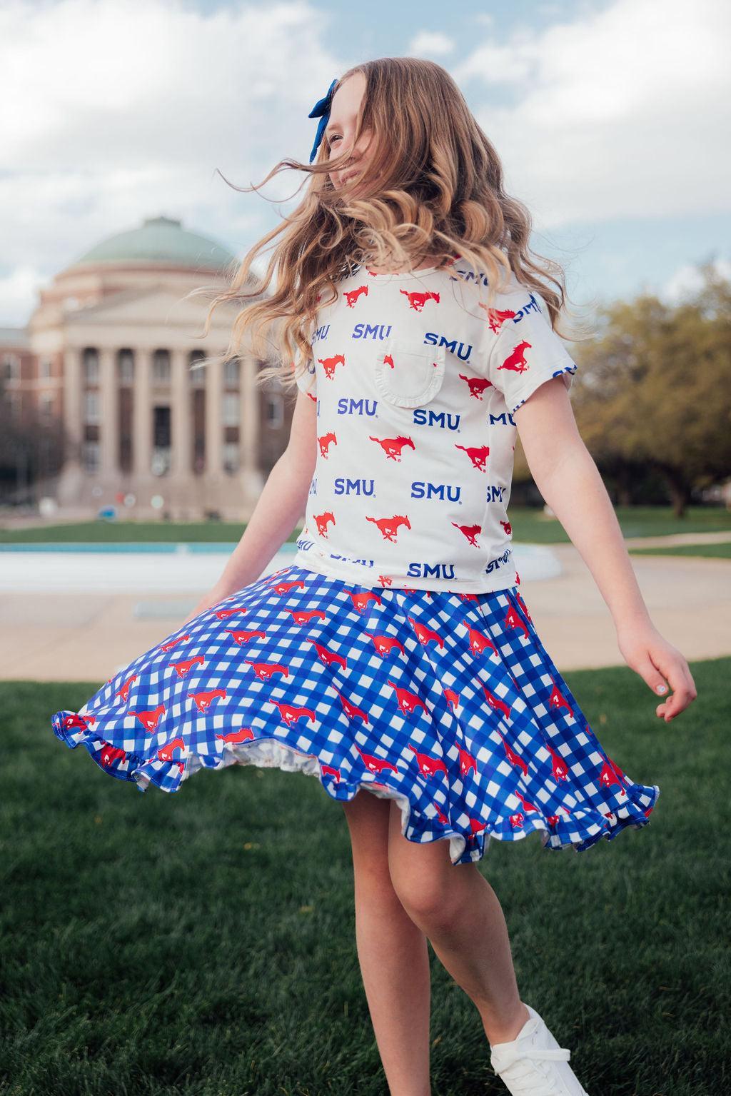 SMU White Mustang Ruffle Pocket Tee by Mila & Rose ®