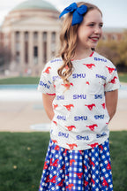 SMU White Mustang Ruffle Pocket Tee by Mila & Rose ®