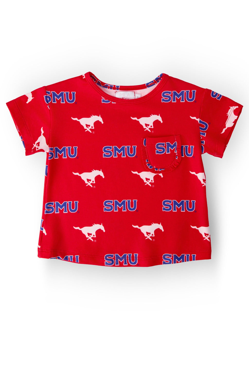 SMU Red Mustang Ruffle Pocket Tee by Mila & Rose ®