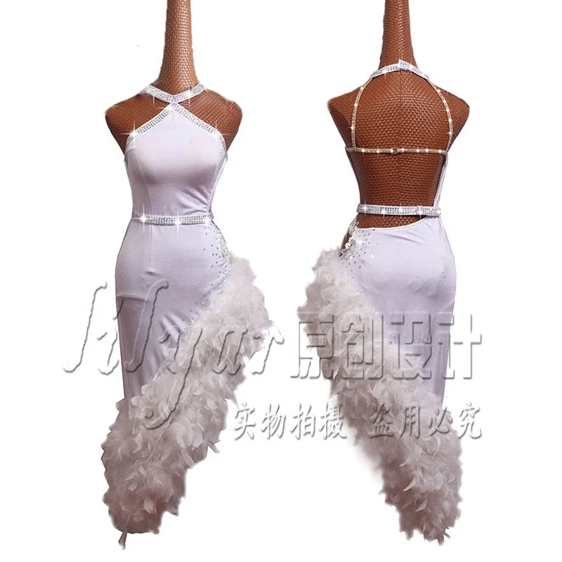 The Stardust Swan Queen – White Feathered Embroidered Latin Dance Competition Dress Set by Stardust Starlets