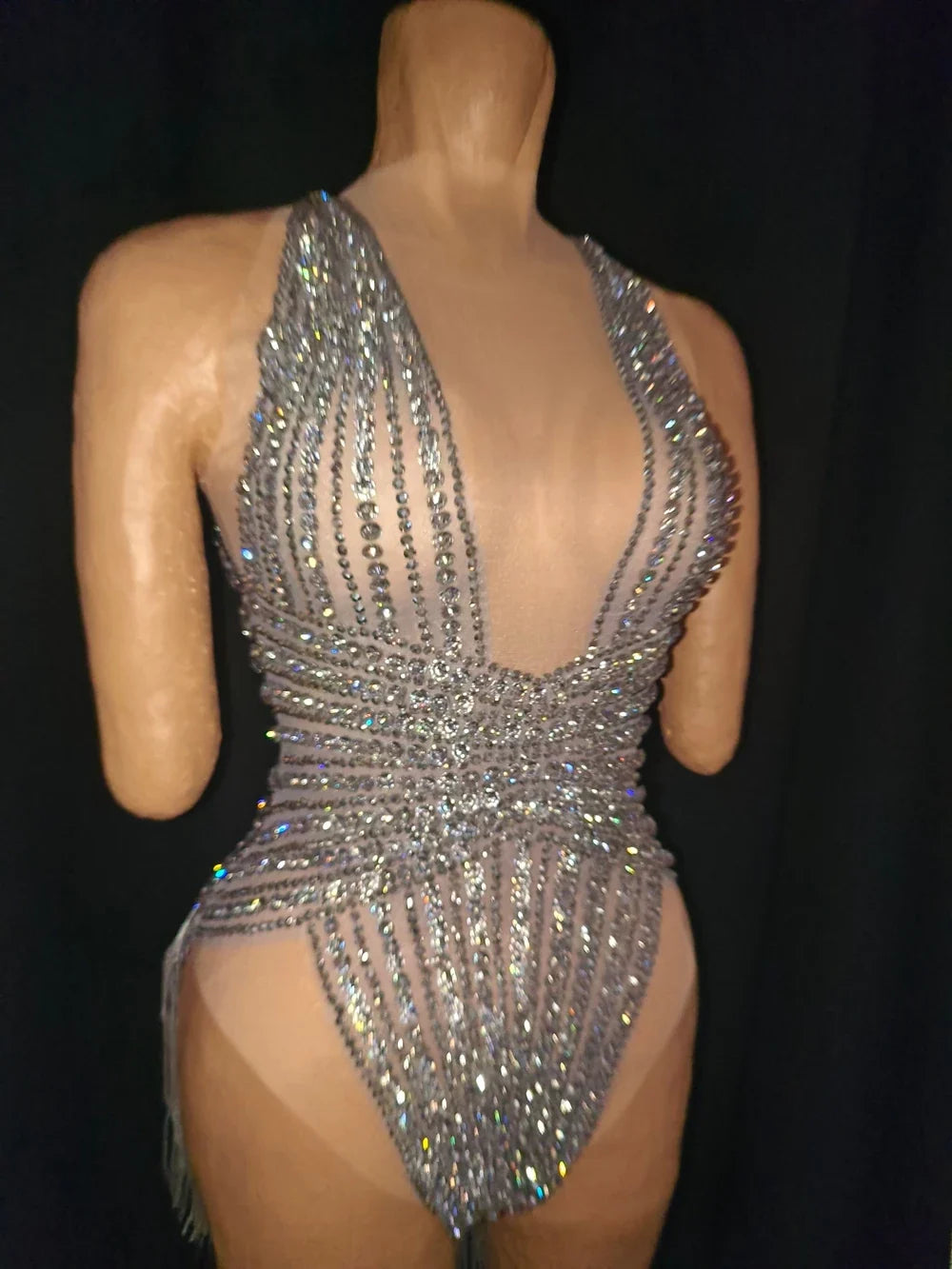 The Stardust Lumina Illusion – Silver Rhinestone & Tassel Performance Bodysuit by Stardust Starlets