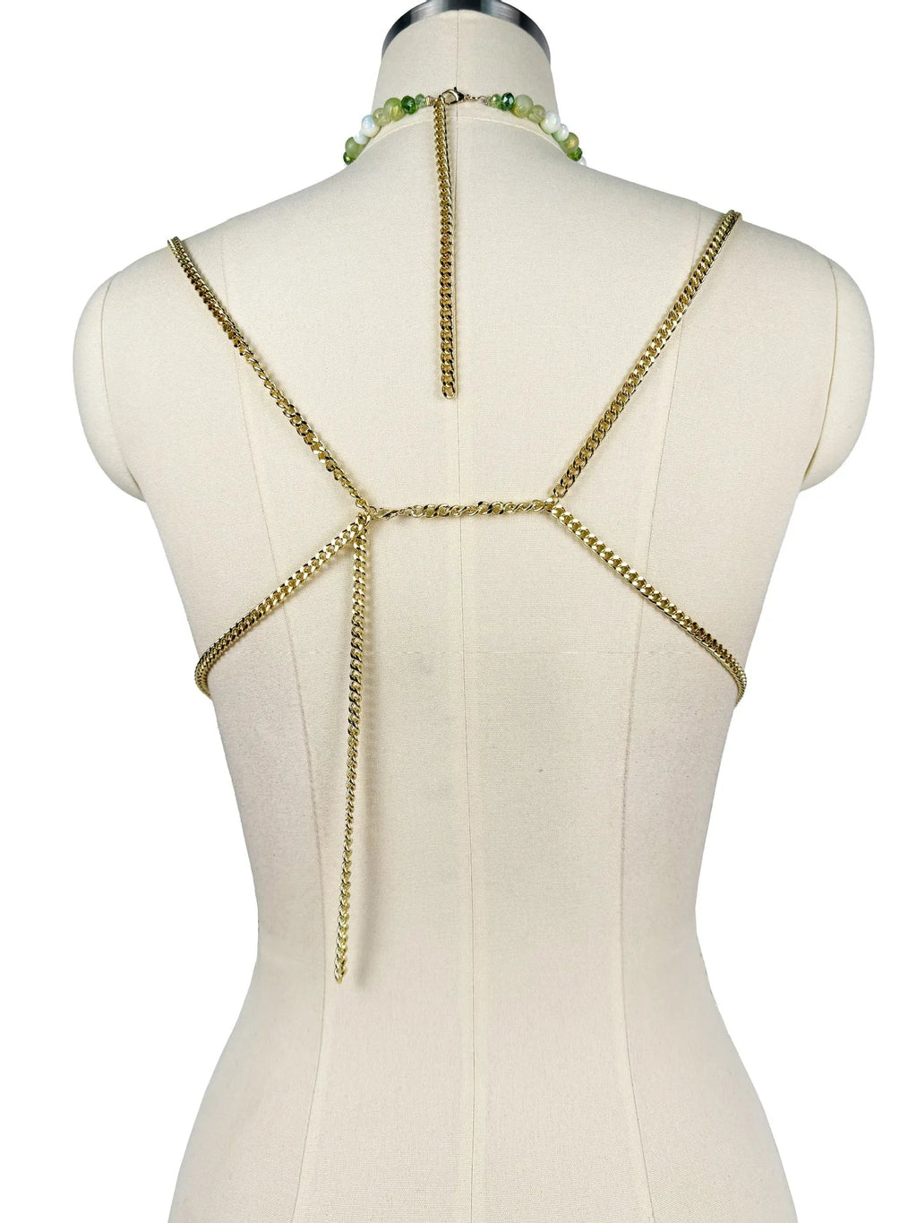 The Stardust Emerald Goddess – Handmade Green Rhinestone & Beaded Tassel Body Chain Halter Top by Stardust Starlets