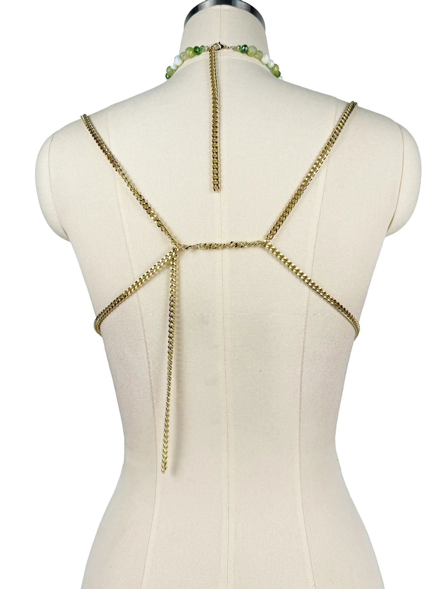 The Stardust Emerald Goddess – Handmade Green Rhinestone & Beaded Tassel Body Chain Halter Top by Stardust Starlets