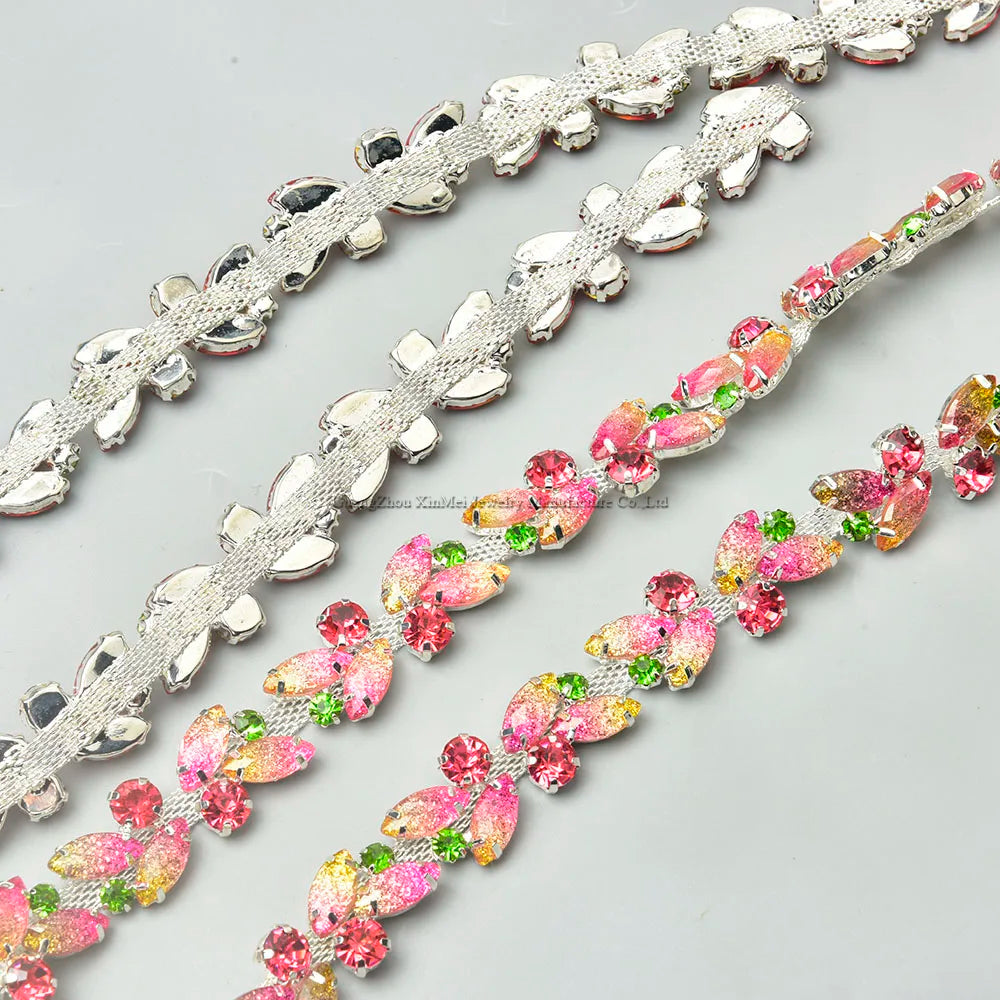 The Stardust Pink Blossom – Glitter Pink Leaf Glass Rhinestone Chain & Trim Applique by Stardust Starlets