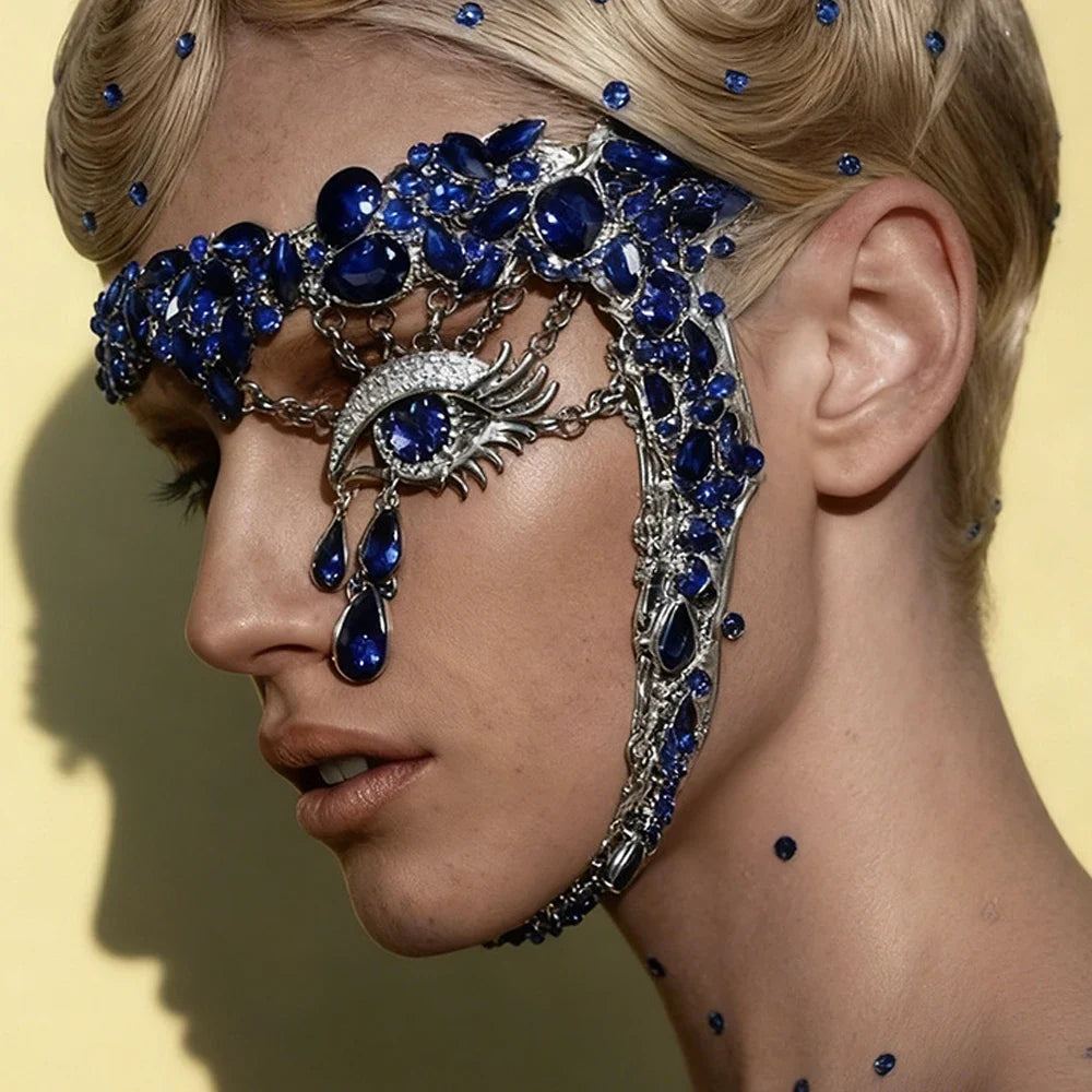 The Stardust Blue Demon – Deluxe Rhinestone Eye Mask & Full Face Chain Jewelry Veil by Stardust Starlets