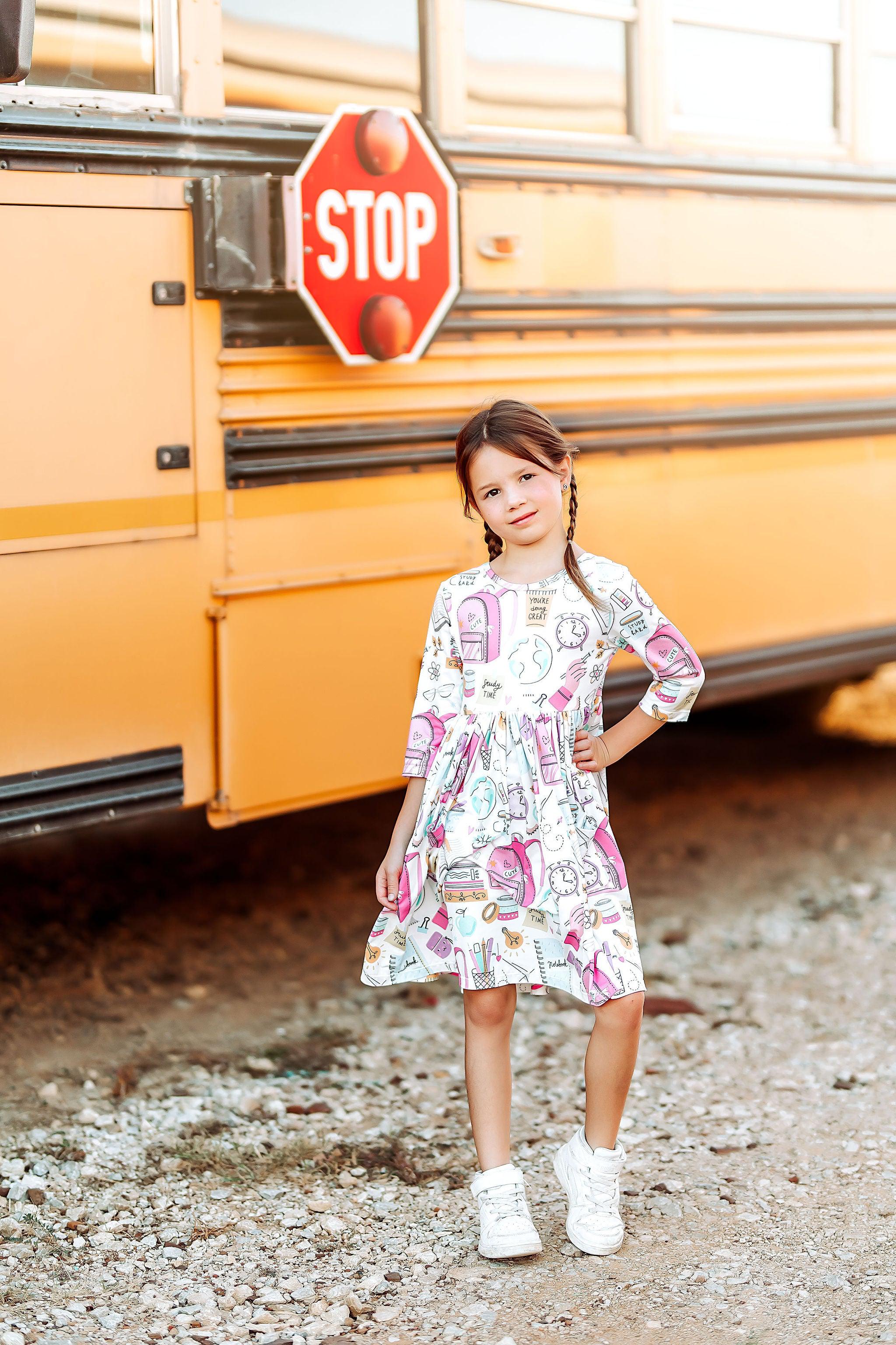 School is Cool 3/4 Sleeve Pocket Twirl Dress by Mila & Rose ®