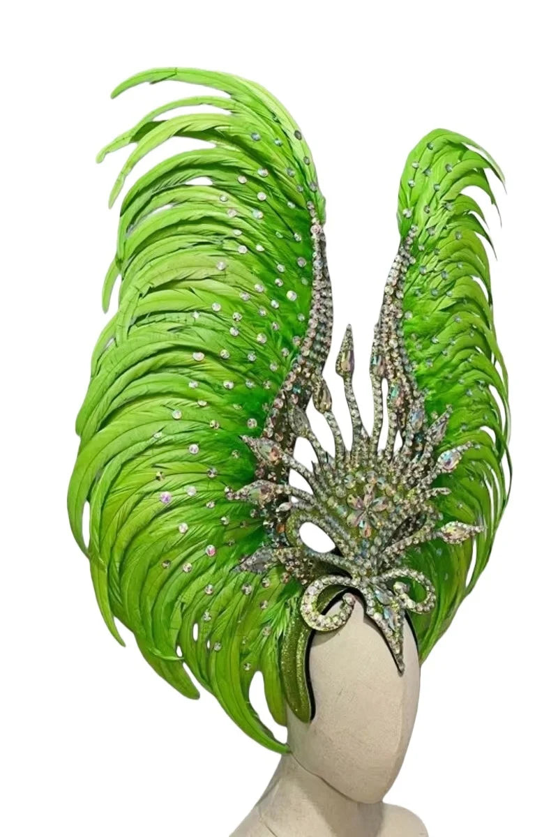 The Stardust Vertigo – Emerald Green Feathered Carnival & Samba Headdress by Stardust Starlets
