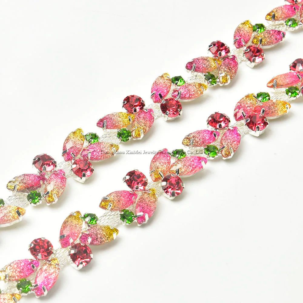 The Stardust Pink Blossom – Glitter Pink Leaf Glass Rhinestone Chain & Trim Applique by Stardust Starlets