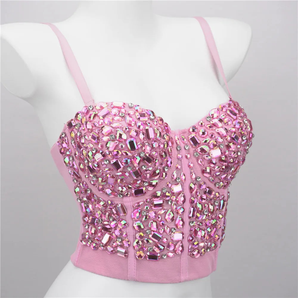 The Stardust Prism Siren – Sparkly Pink Rhinestone & Beaded Bustier Corset Crop Top by Stardust Starlets