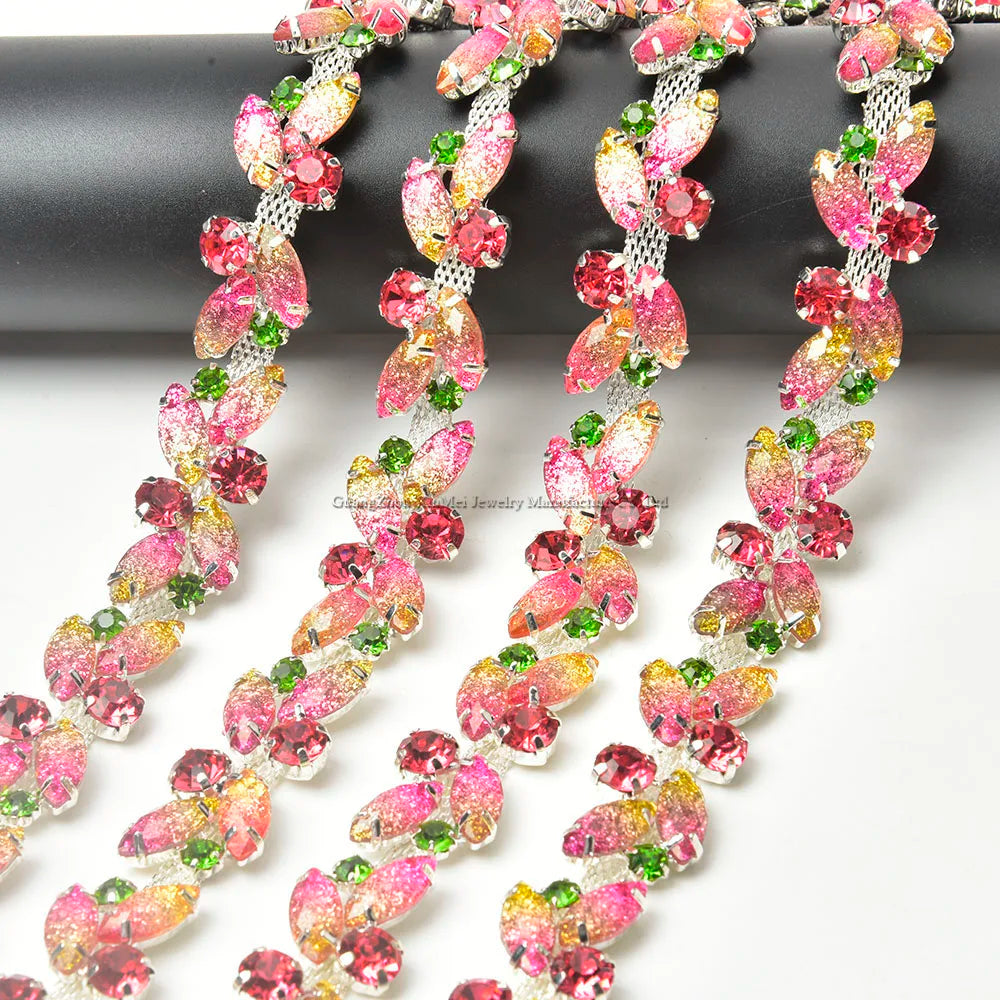 The Stardust Pink Blossom – Glitter Pink Leaf Glass Rhinestone Chain & Trim Applique by Stardust Starlets