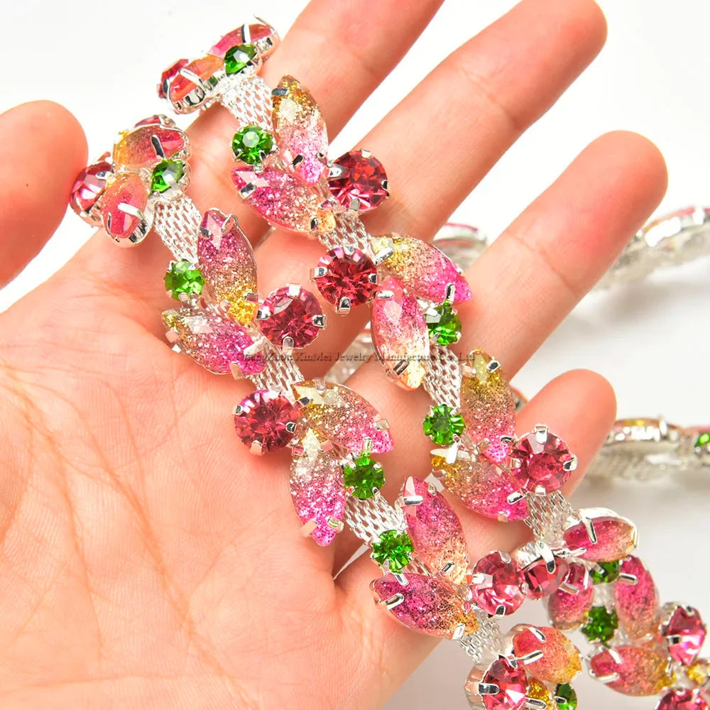 The Stardust Pink Blossom – Glitter Pink Leaf Glass Rhinestone Chain & Trim Applique by Stardust Starlets