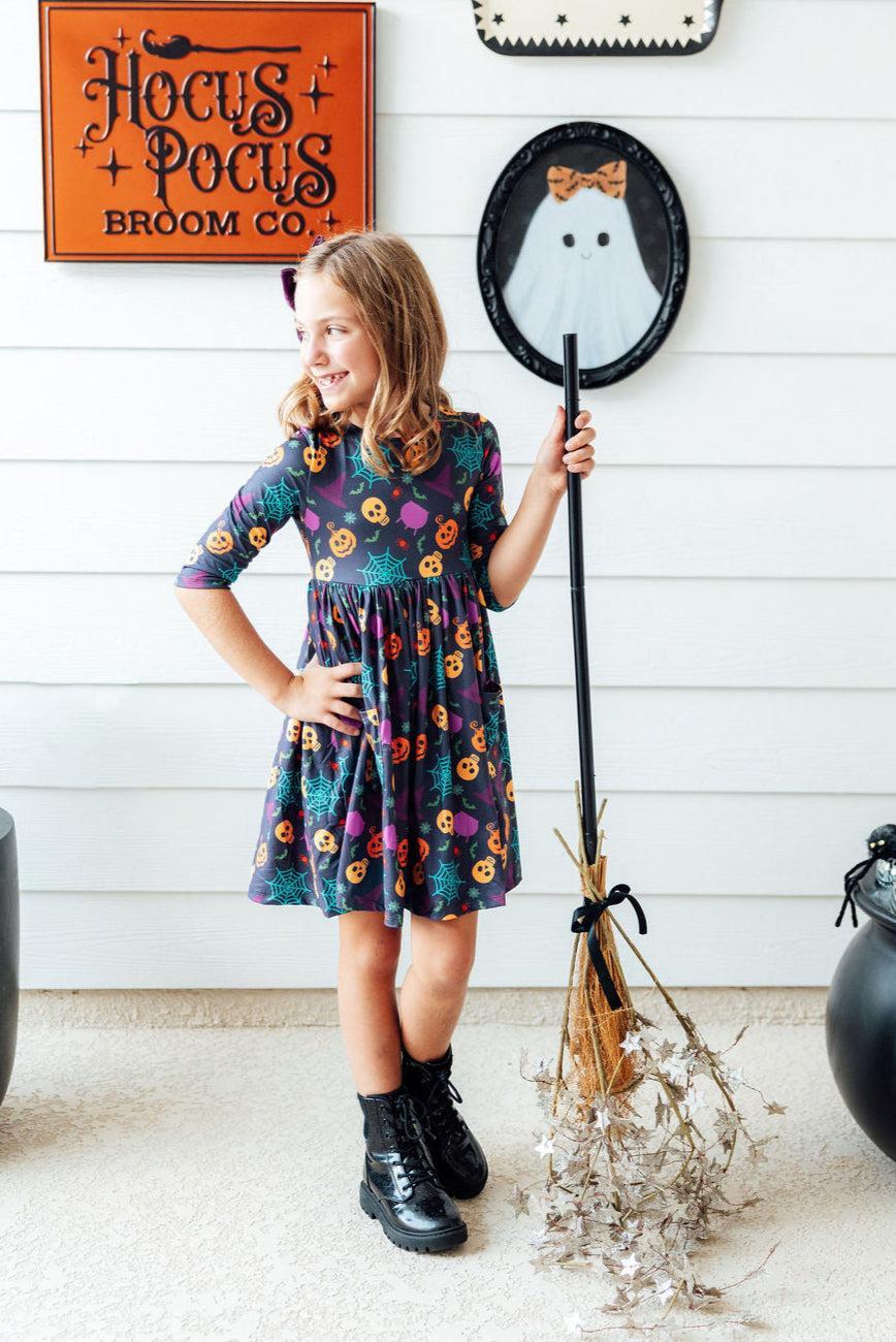 Skeleton Web 3/4 Sleeve Pocket Twirl Dress by Mila & Rose ®