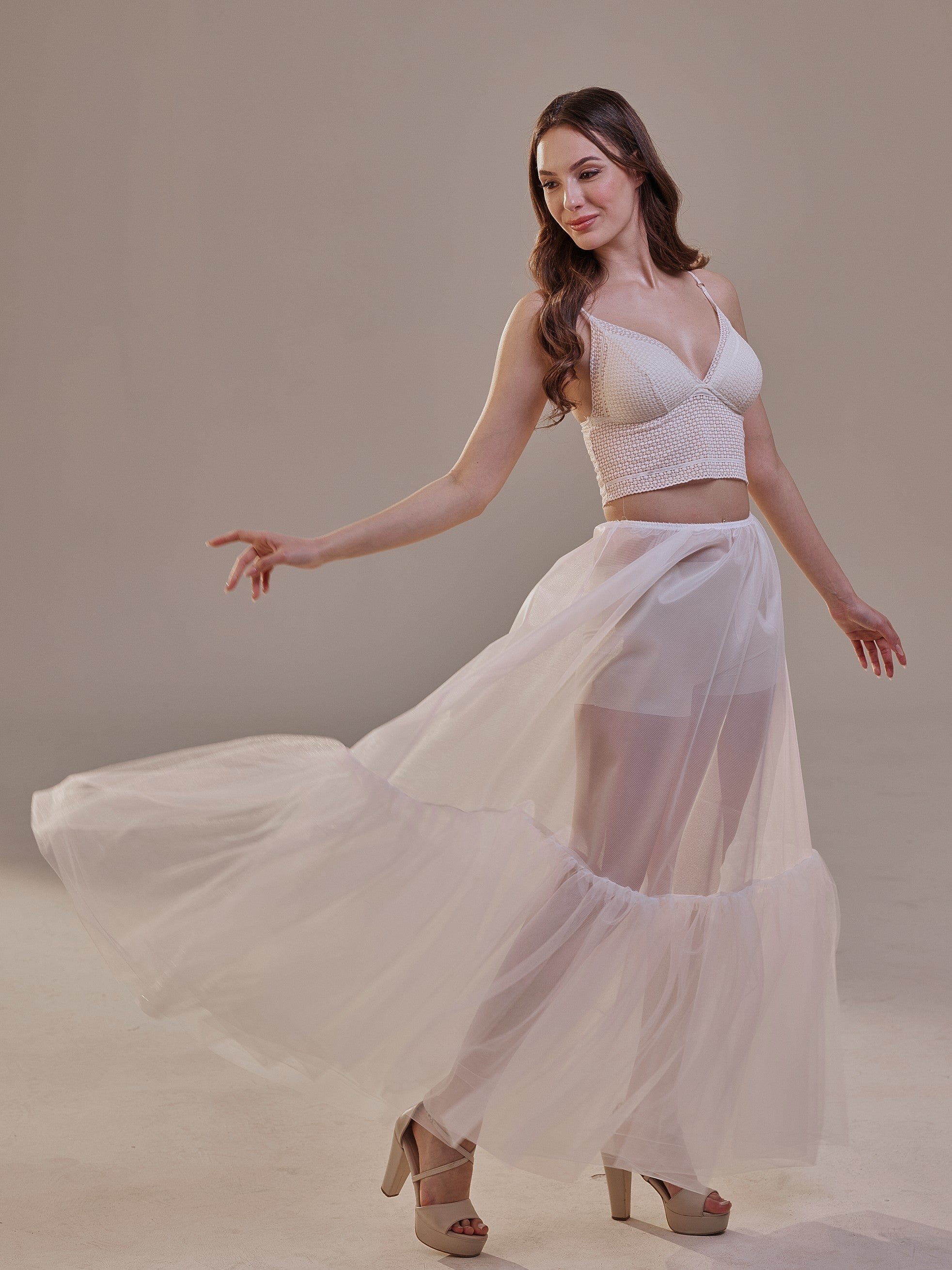 Soft Ruffled White Tulle Skirt , Sheer Maxi Skirt, Tulle Overskirt by Bridal Port