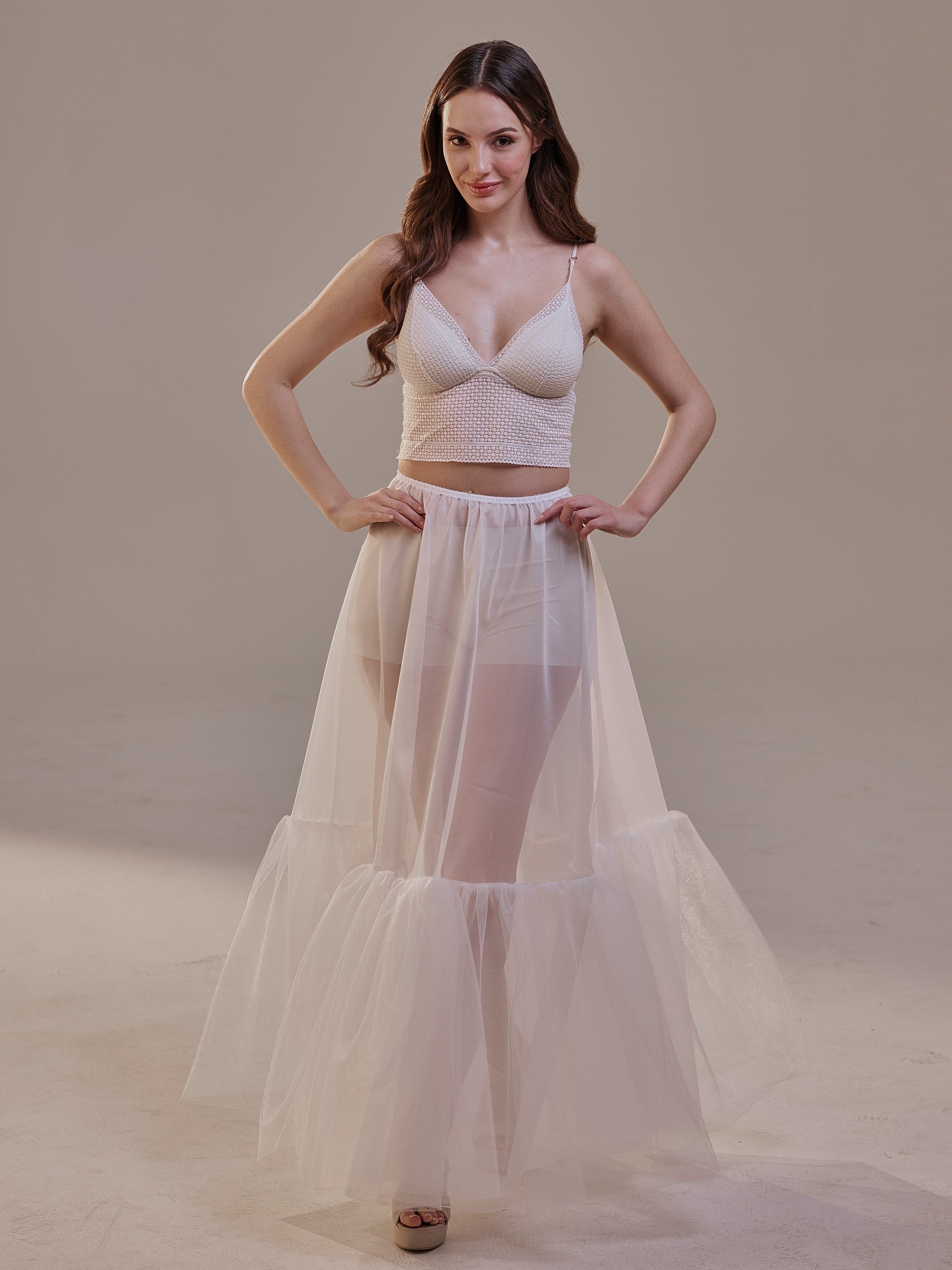 Soft Ruffled White Tulle Skirt , Sheer Maxi Skirt, Tulle Overskirt by Bridal Port
