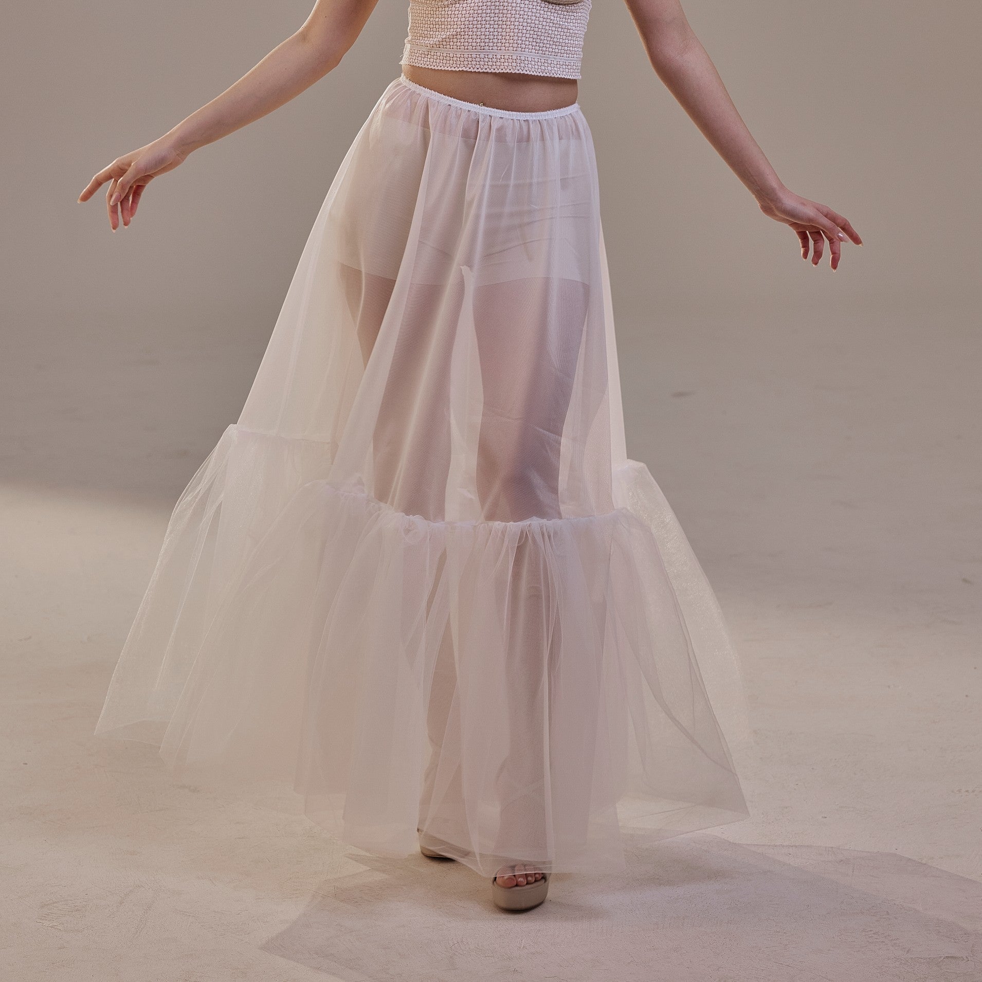 Soft Ruffled White Tulle Skirt , Sheer Maxi Skirt, Tulle Overskirt by Bridal Port