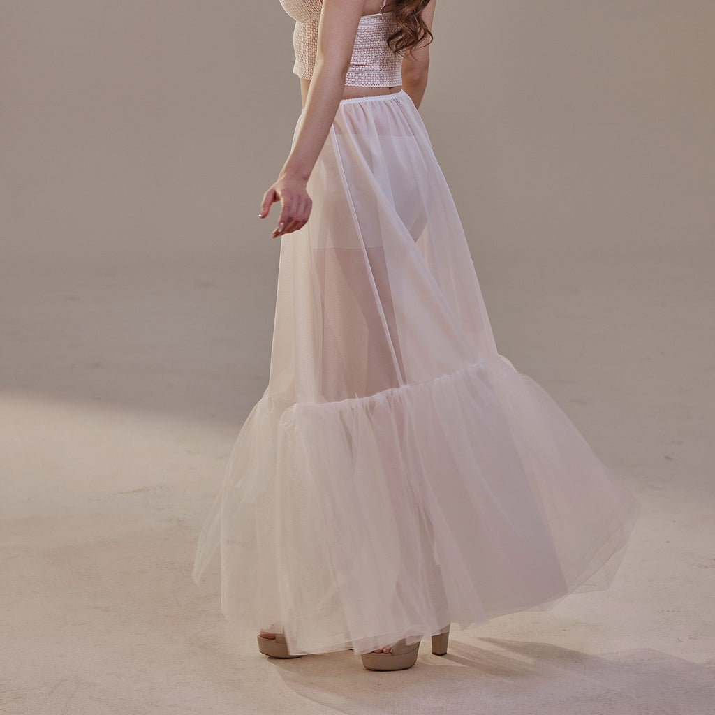 Soft Ruffled White Tulle Skirt , Sheer Maxi Skirt, Tulle Overskirt by Bridal Port