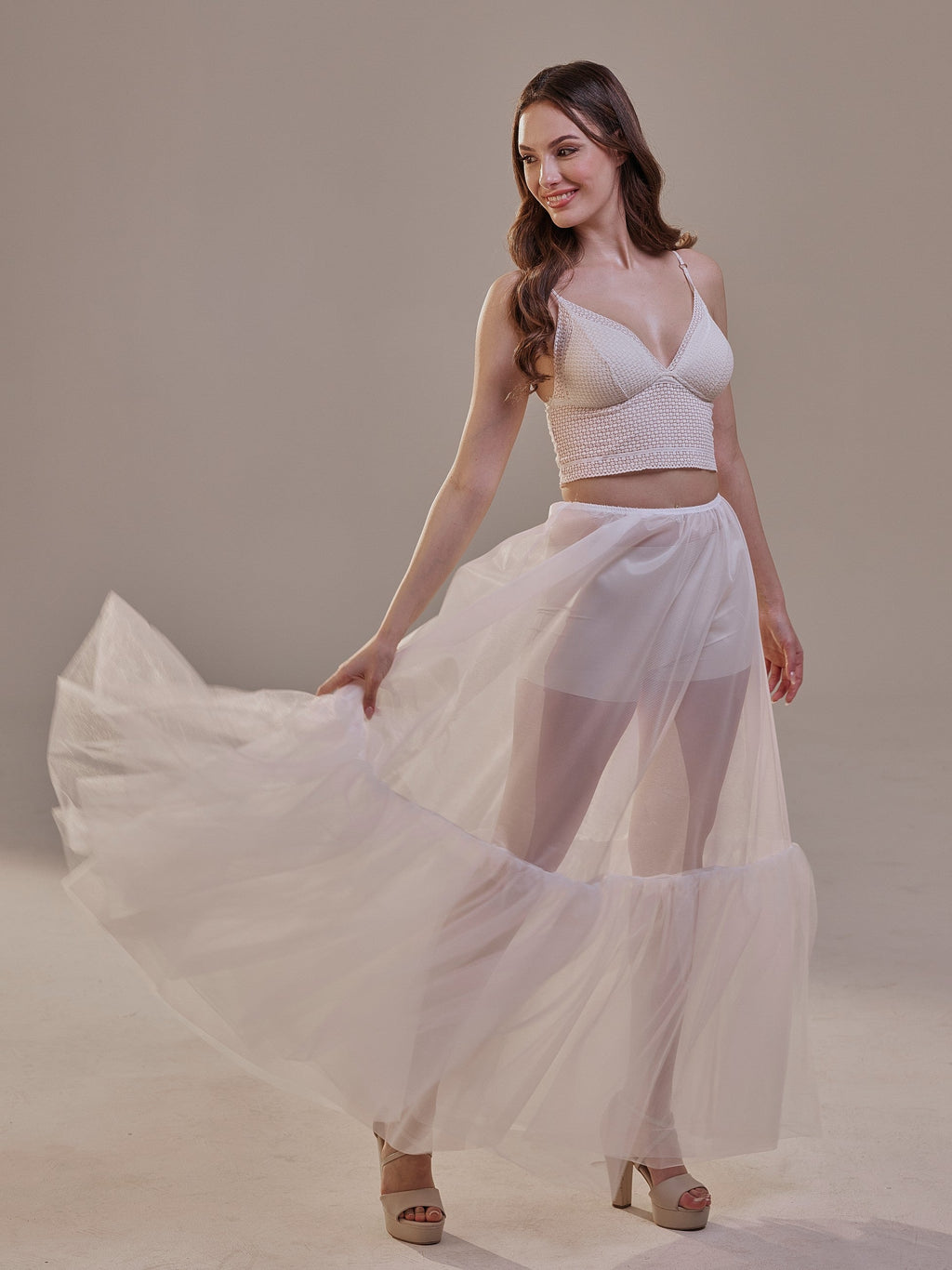 Soft Ruffled White Tulle Skirt , Sheer Maxi Skirt, Tulle Overskirt by Bridal Port
