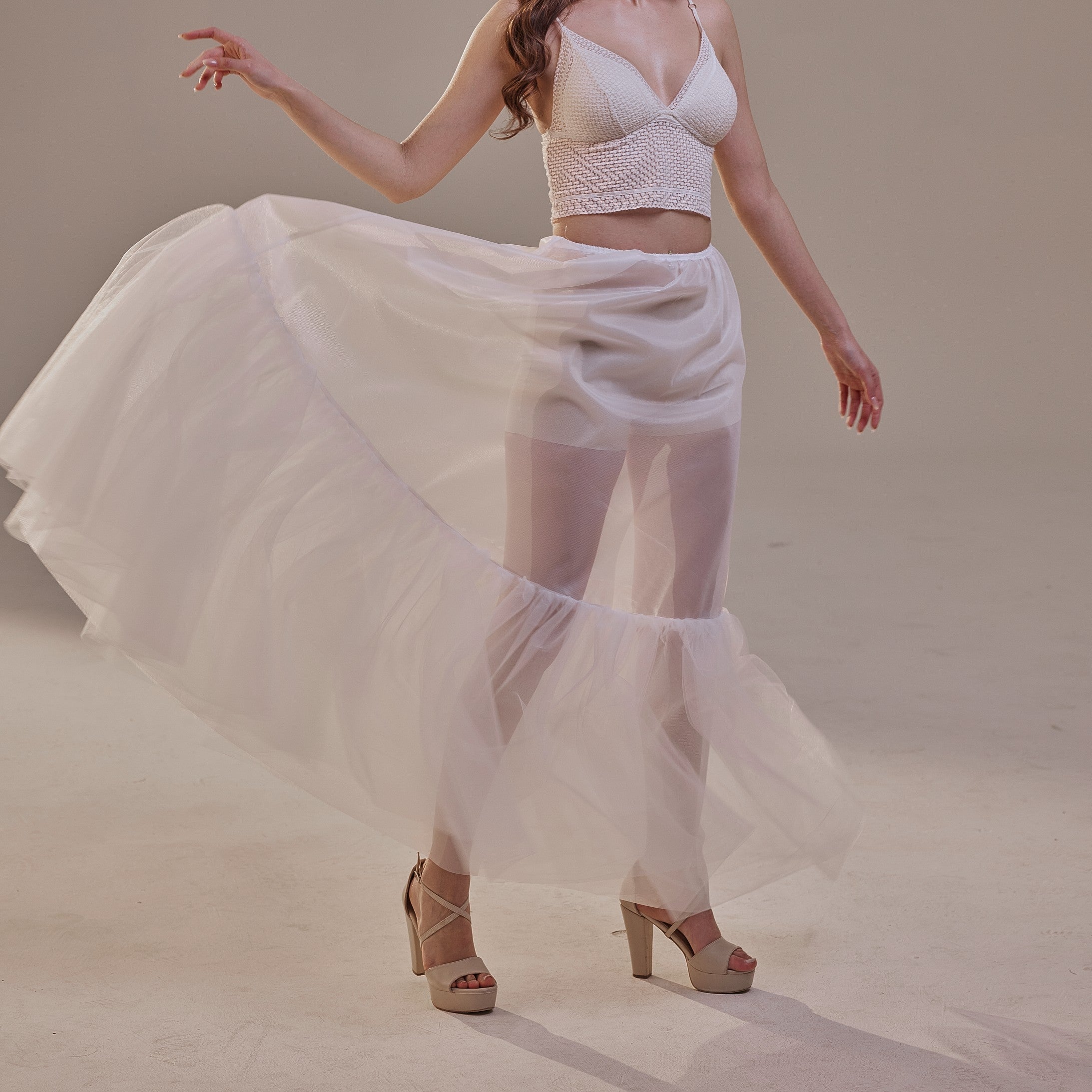 Soft Ruffled White Tulle Skirt , Sheer Maxi Skirt, Tulle Overskirt by Bridal Port