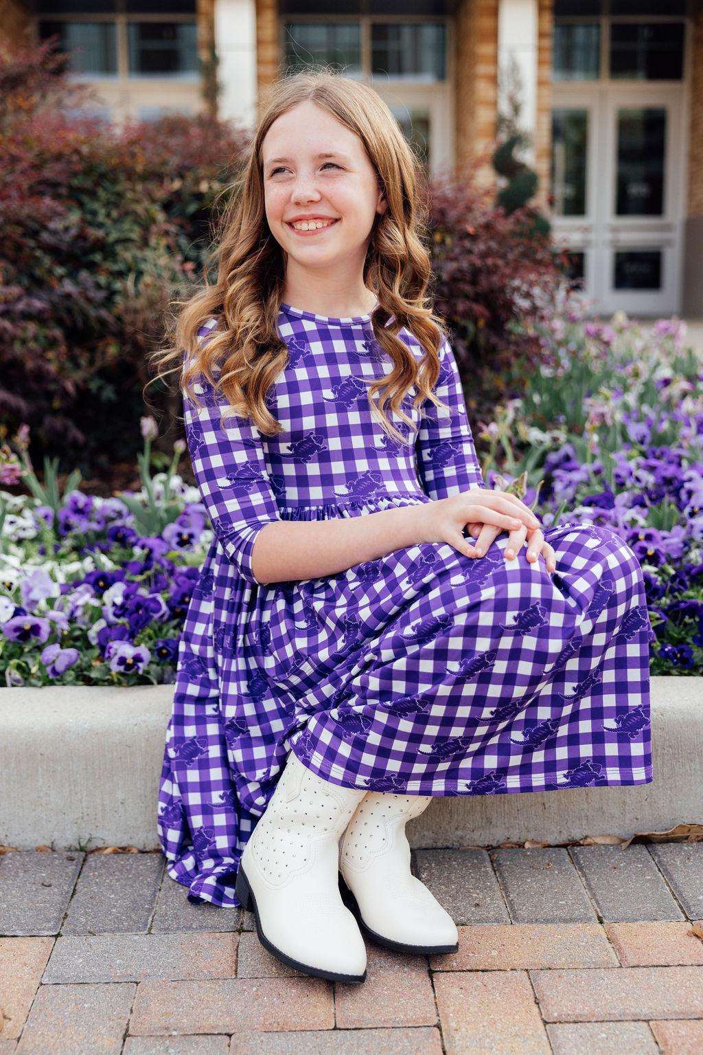 TCU Plaid Frog 3/4 Sleeve Pocket Twirl Dress by Mila & Rose ®