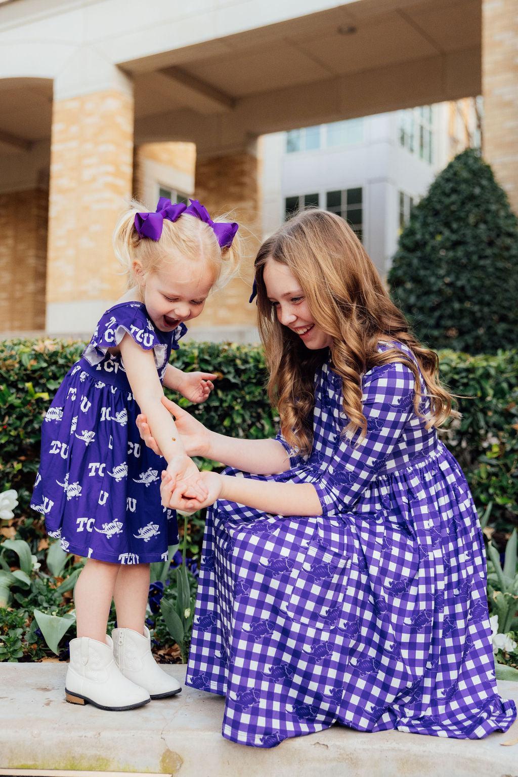 TCU Plaid Frog 3/4 Sleeve Pocket Twirl Dress by Mila & Rose ®