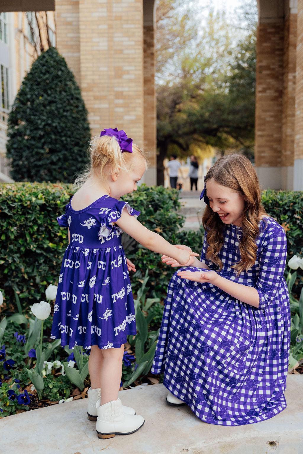 TCU Plaid Frog 3/4 Sleeve Pocket Twirl Dress by Mila & Rose ®