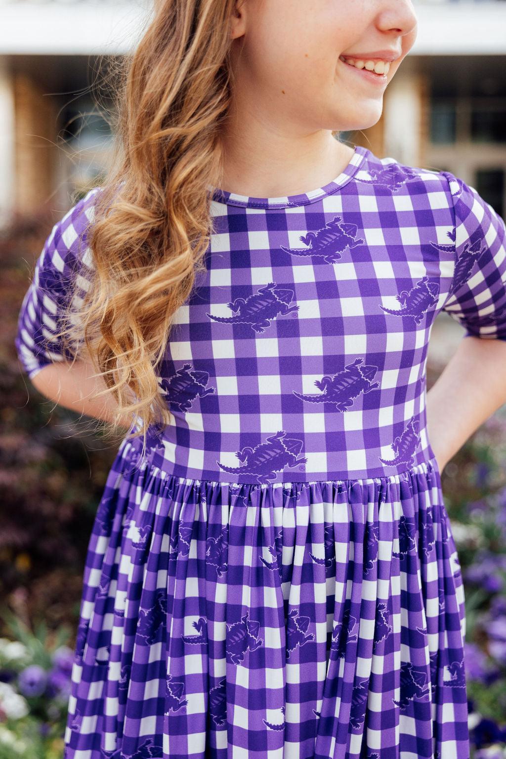 TCU Plaid Frog 3/4 Sleeve Pocket Twirl Dress by Mila & Rose ®