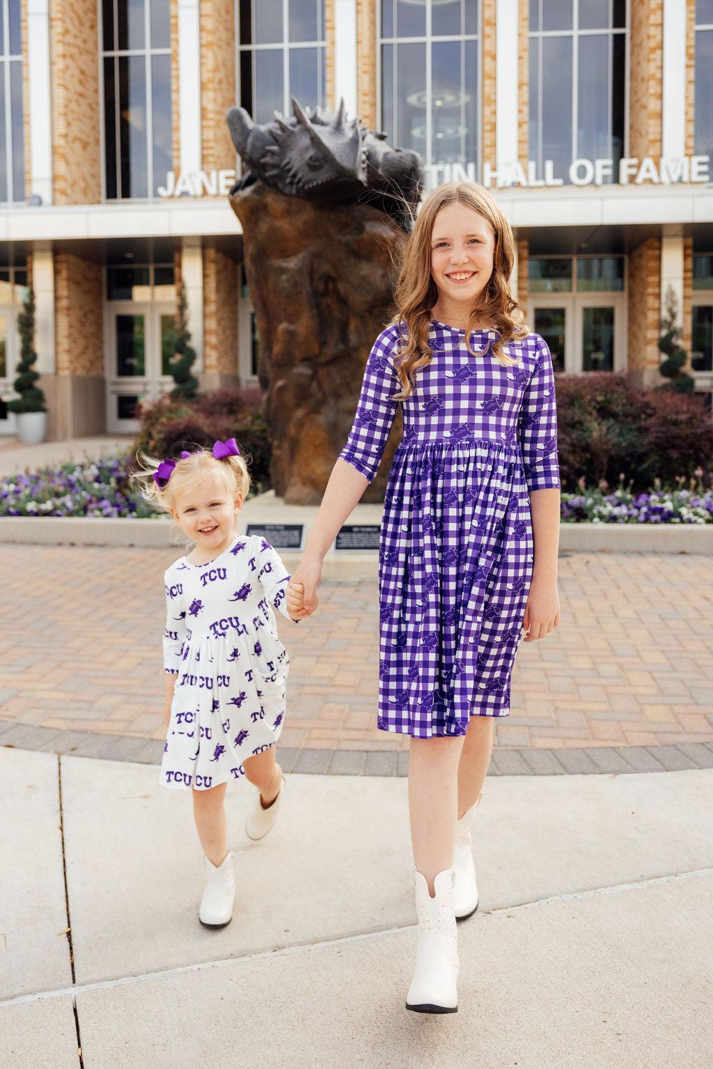 TCU Plaid Frog 3/4 Sleeve Pocket Twirl Dress by Mila & Rose ®