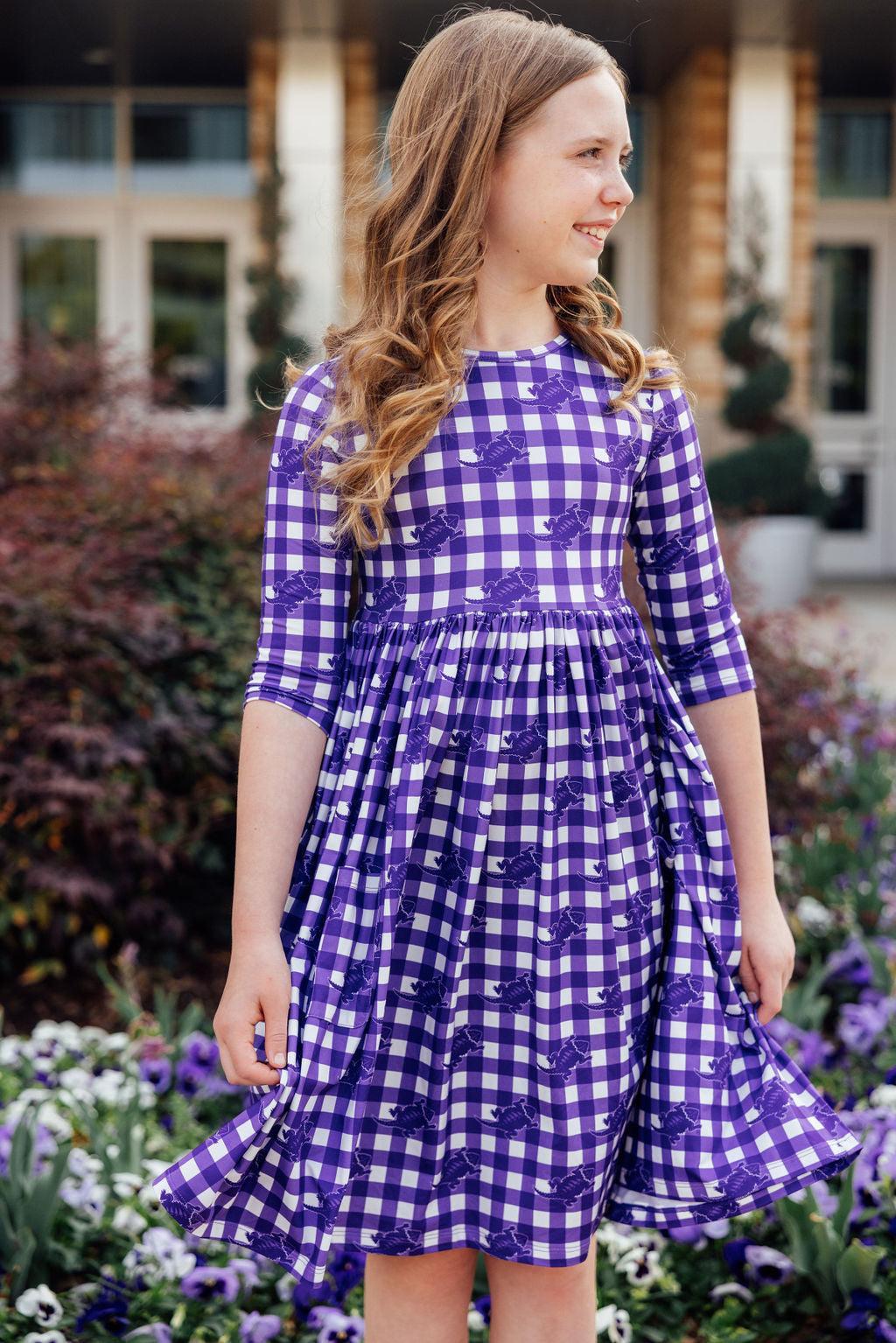 TCU Plaid Frog 3/4 Sleeve Pocket Twirl Dress by Mila & Rose ®
