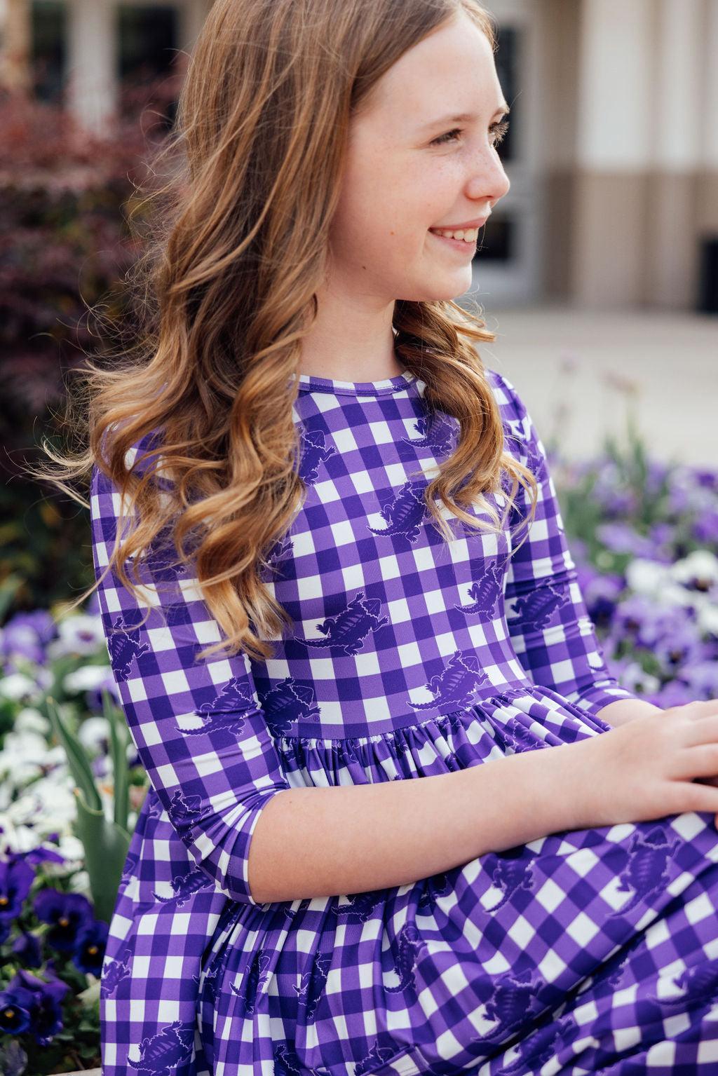 TCU Plaid Frog 3/4 Sleeve Pocket Twirl Dress by Mila & Rose ®
