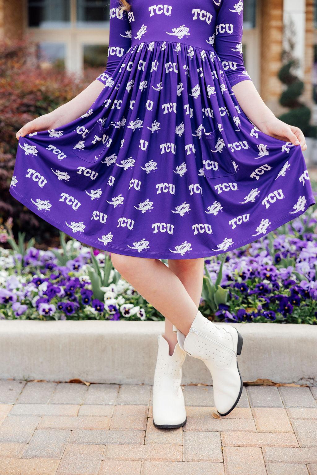 TCU Purple Frog 3/4 Sleeve Pocket Twirl Dress by Mila & Rose ®