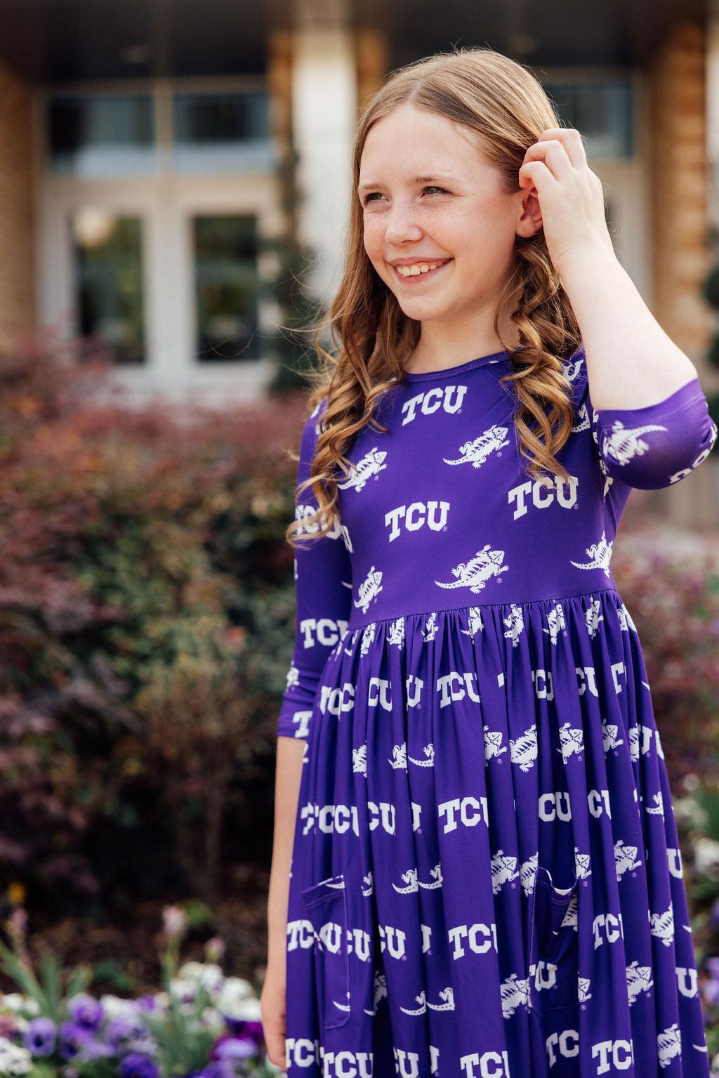 TCU Purple Frog 3/4 Sleeve Pocket Twirl Dress by Mila & Rose ®