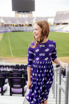 TCU Purple Frog 3/4 Sleeve Pocket Twirl Dress by Mila & Rose ®